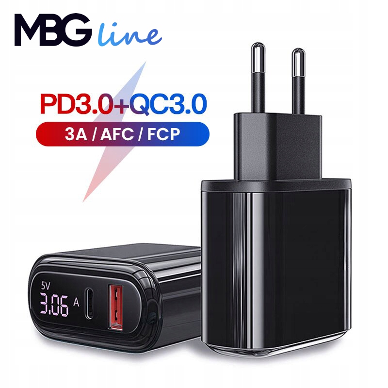 Szybka Ładowarka zasilacz 2XUSB 20W LED AMPEROMIERZ / WOLTOMIERZ QC3.0+PD3 Kod producenta HKL-USB57FOG