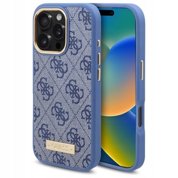 Etui Guess 4G Logo Plate MagSafe na iPhone 16 Pro Max niebieskie
