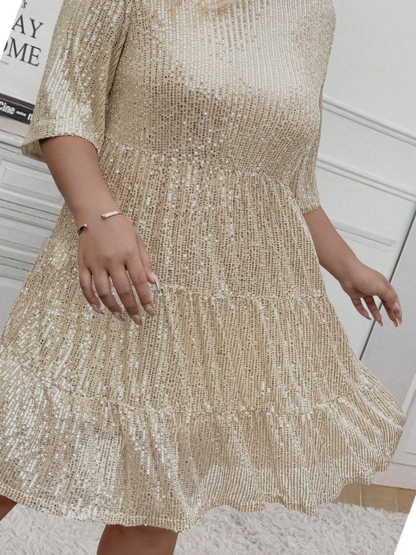 Šaty Ecru Party Stříbrná Flitrová Rozšířená Midi 4XL 48