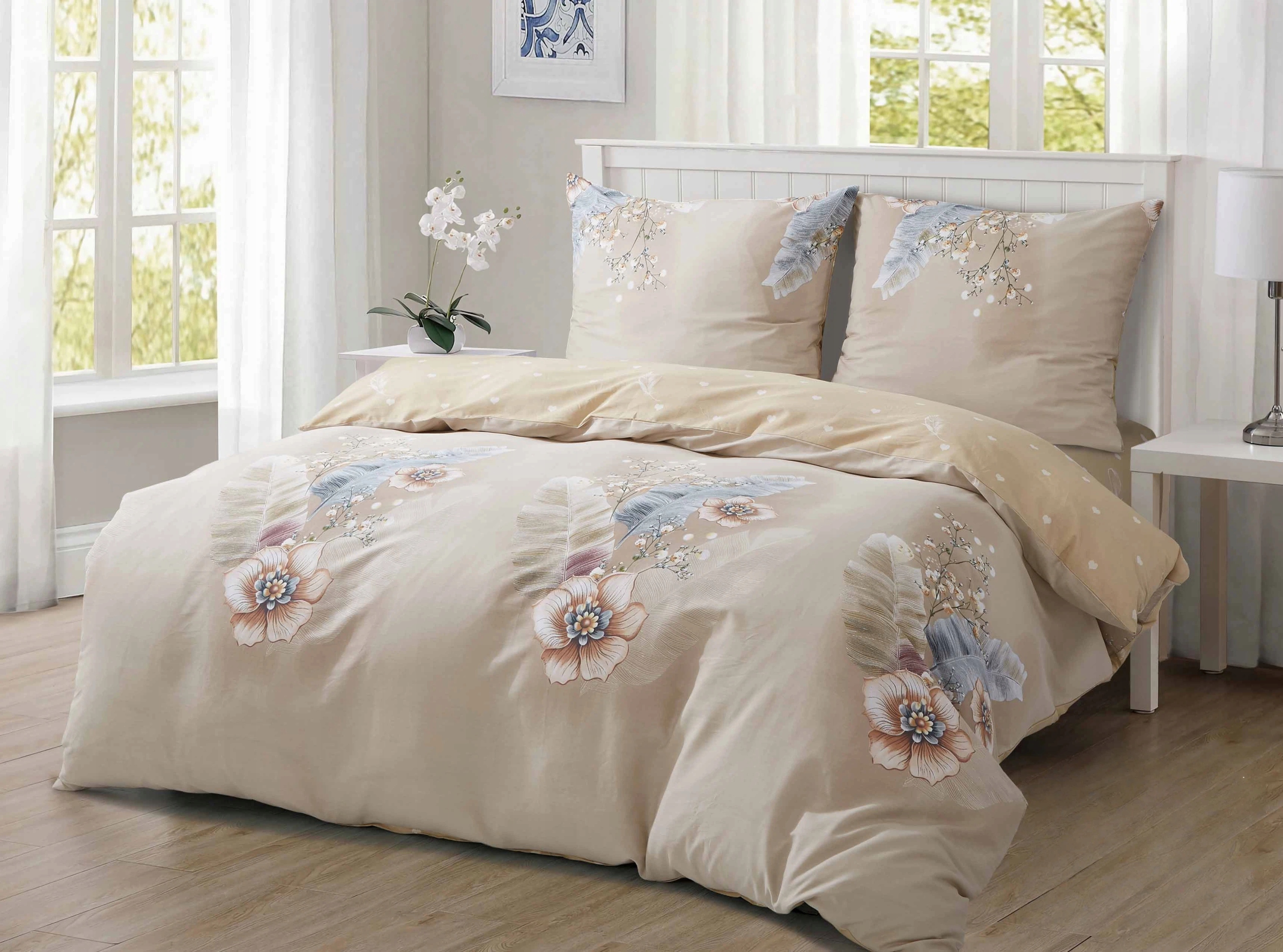 Bavlněná sada povlečení s květinovým vzorem a 2 povlaky na polštáře pro dvoulůžko