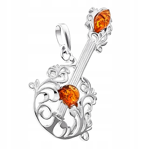 Kytara přívěsek na zavěšení Stříbro AG925 s přírodním baltským Jantarem