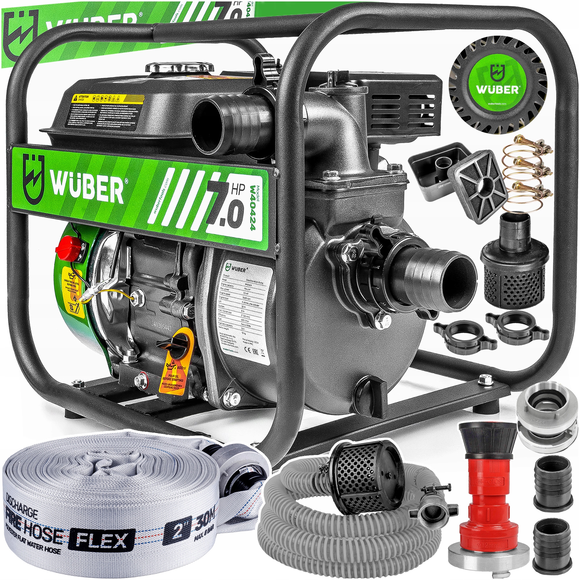 Motopompa Do Wody 7KM Wuber+wąż Strażacki 30M+WĄŻ Ssawny 4M+FASTFIX Zestaw