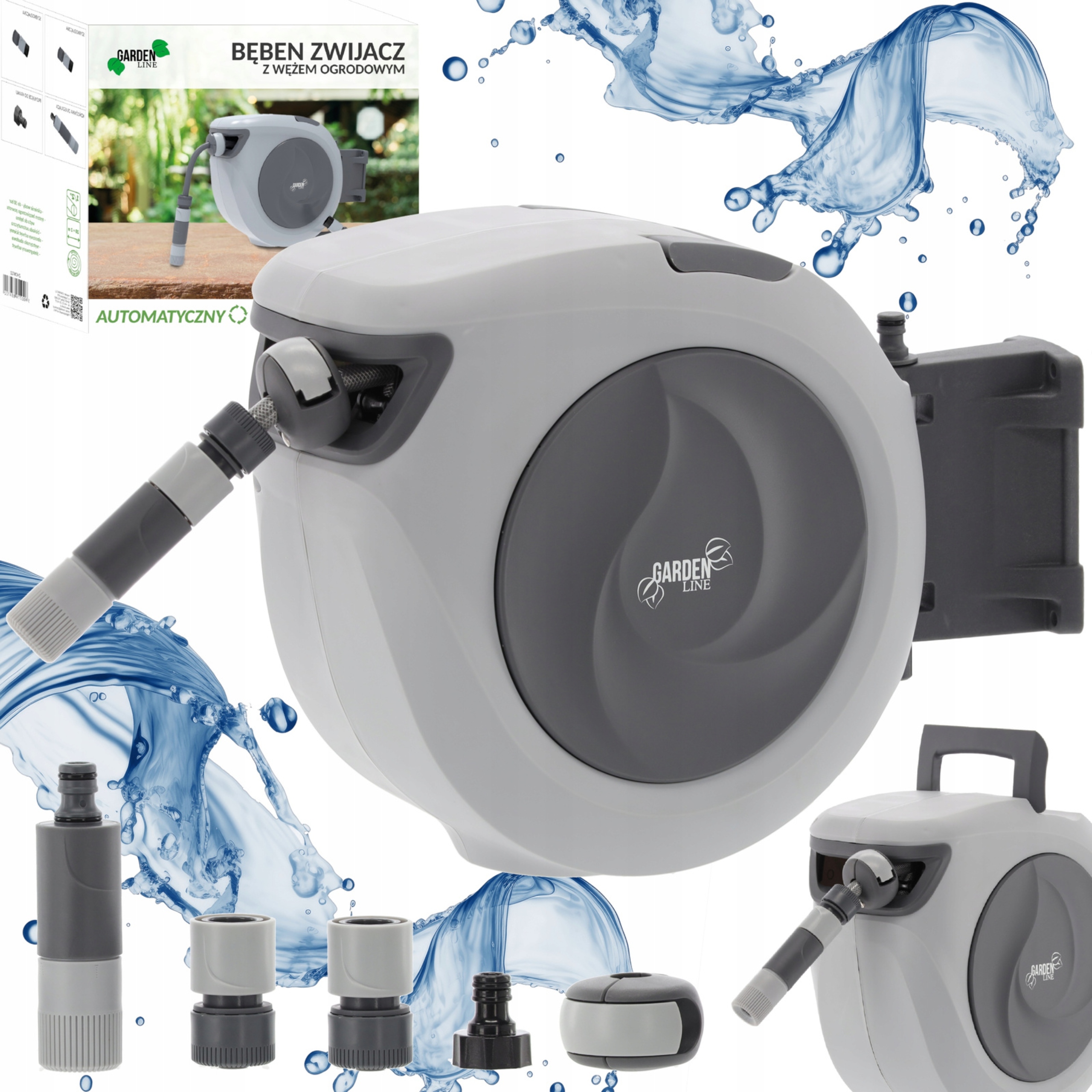 Wąż Ogrodowy Zwijany Automatyczny Bęben Końcówki Zraszacz 30m Końcówki