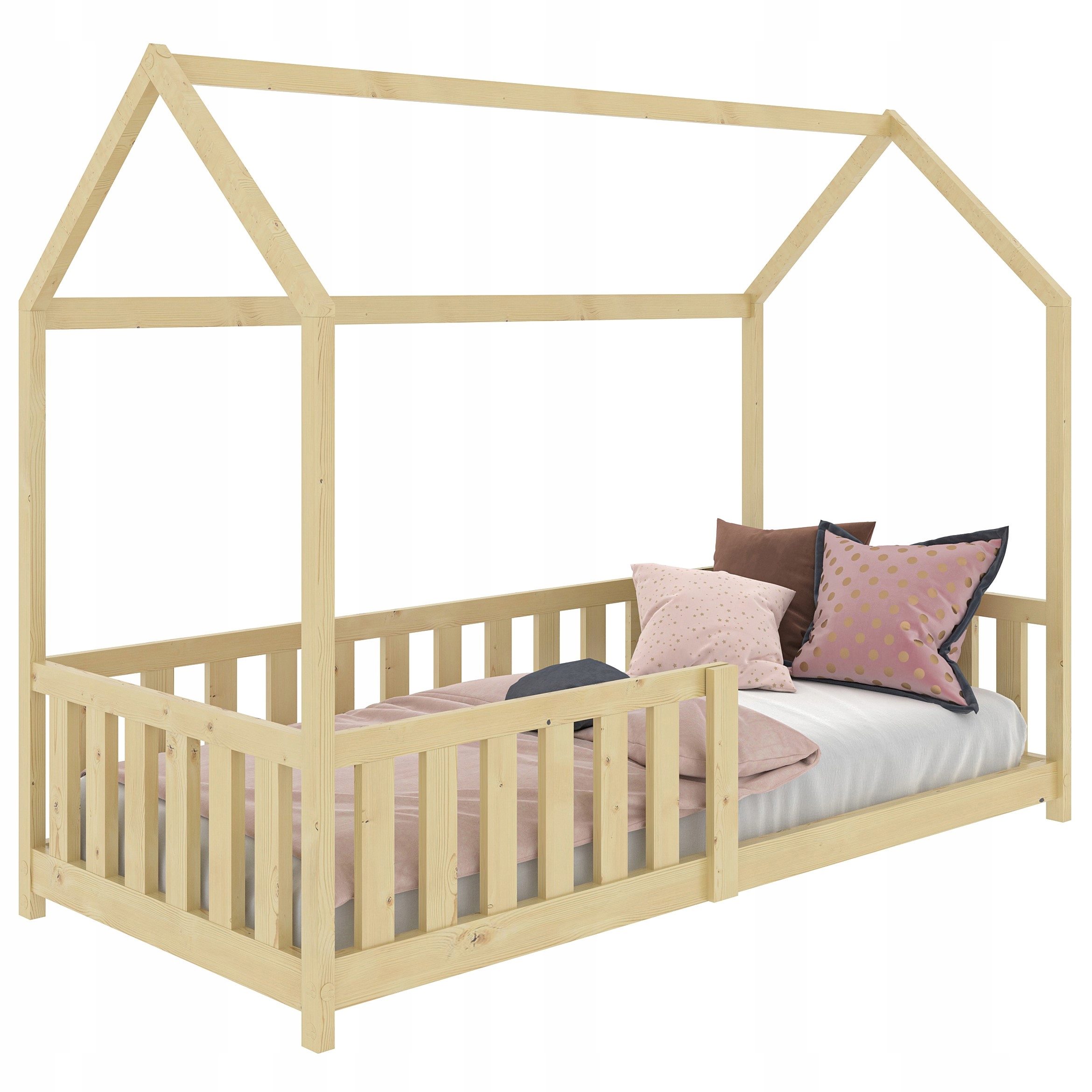 Łóżko Dziecięce Domek 80x160 Sosna D7 Stelaż Barierki Płotek