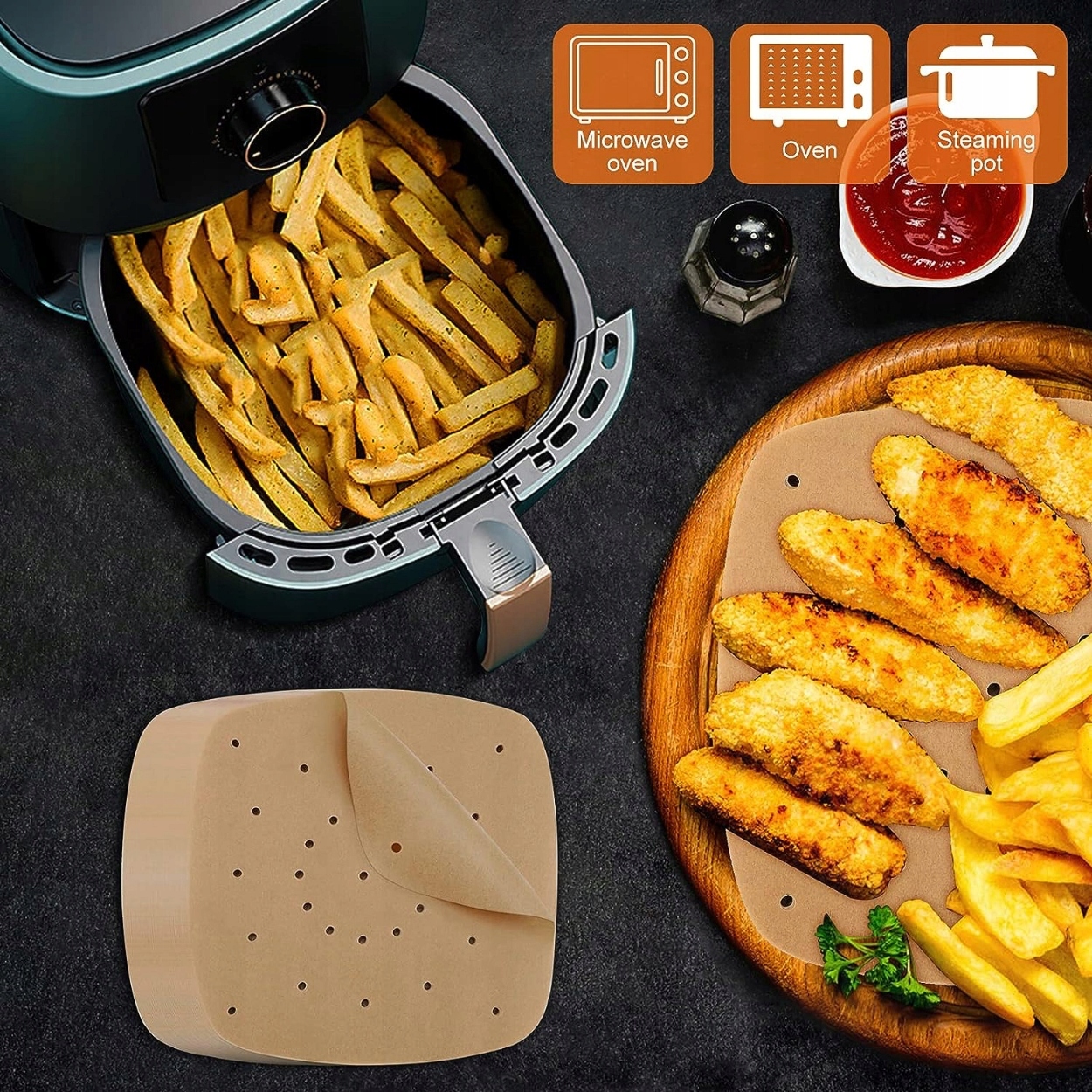 PAPIER DO PIECZENIA PERGAMINOWY DO FRYTKOWNICY AIR FRYER ZESTAW 100 SZTUK Długość (cm) 24