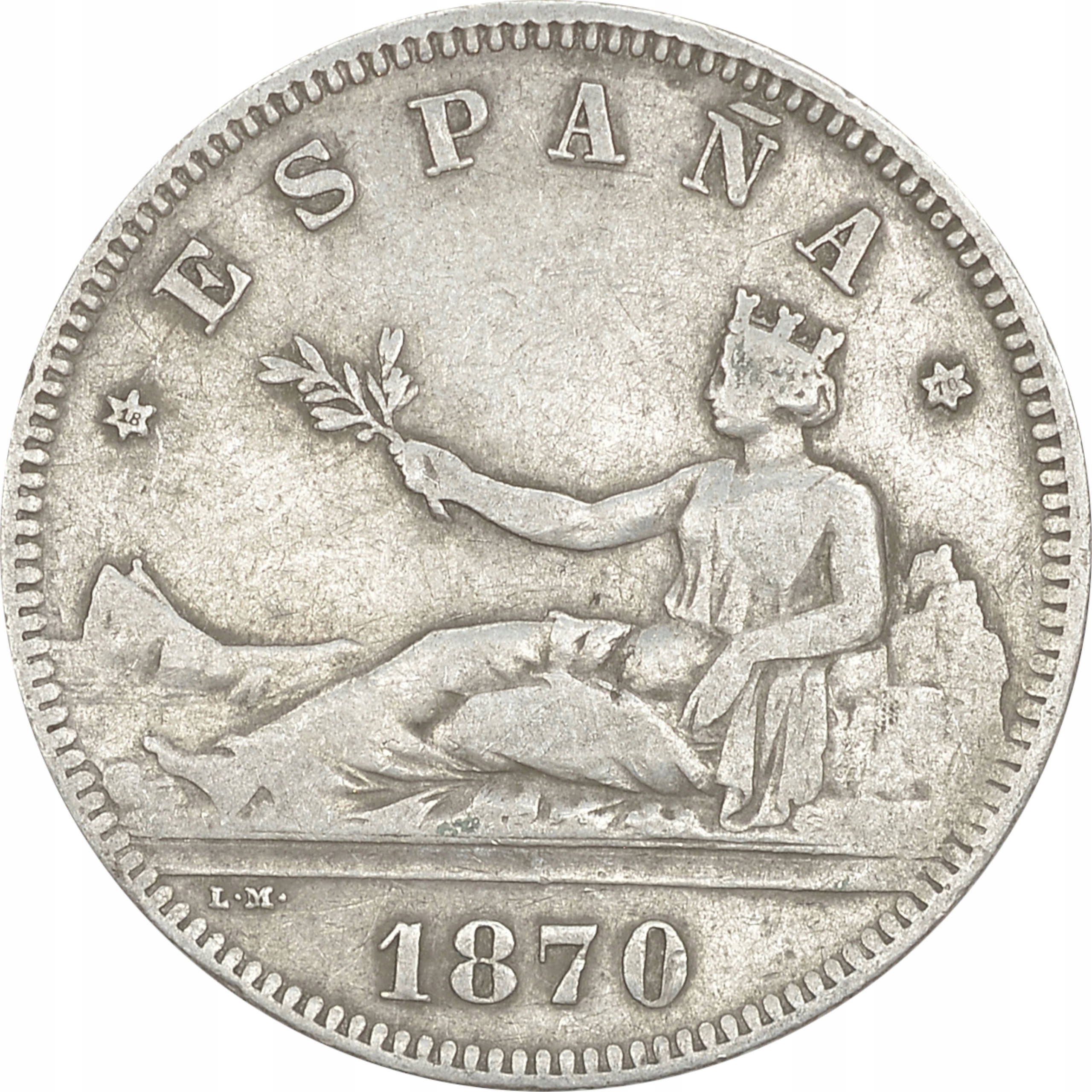 10.HISZPANIA, 2 PESETY 1870 SN M