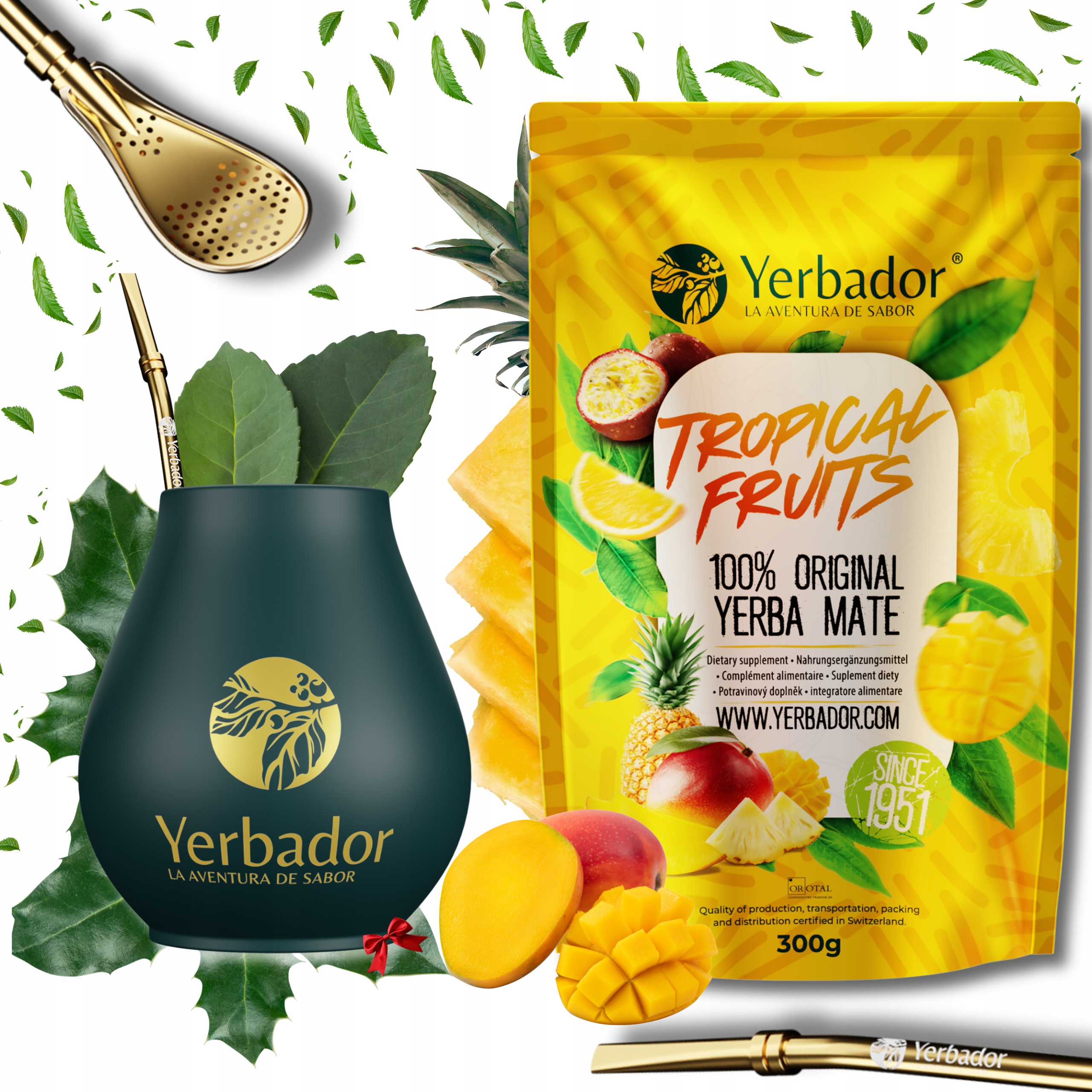 Levně Yerbador Yerba Mate Tropické ovoce Mango Ananas Matero Bombilla 300 g