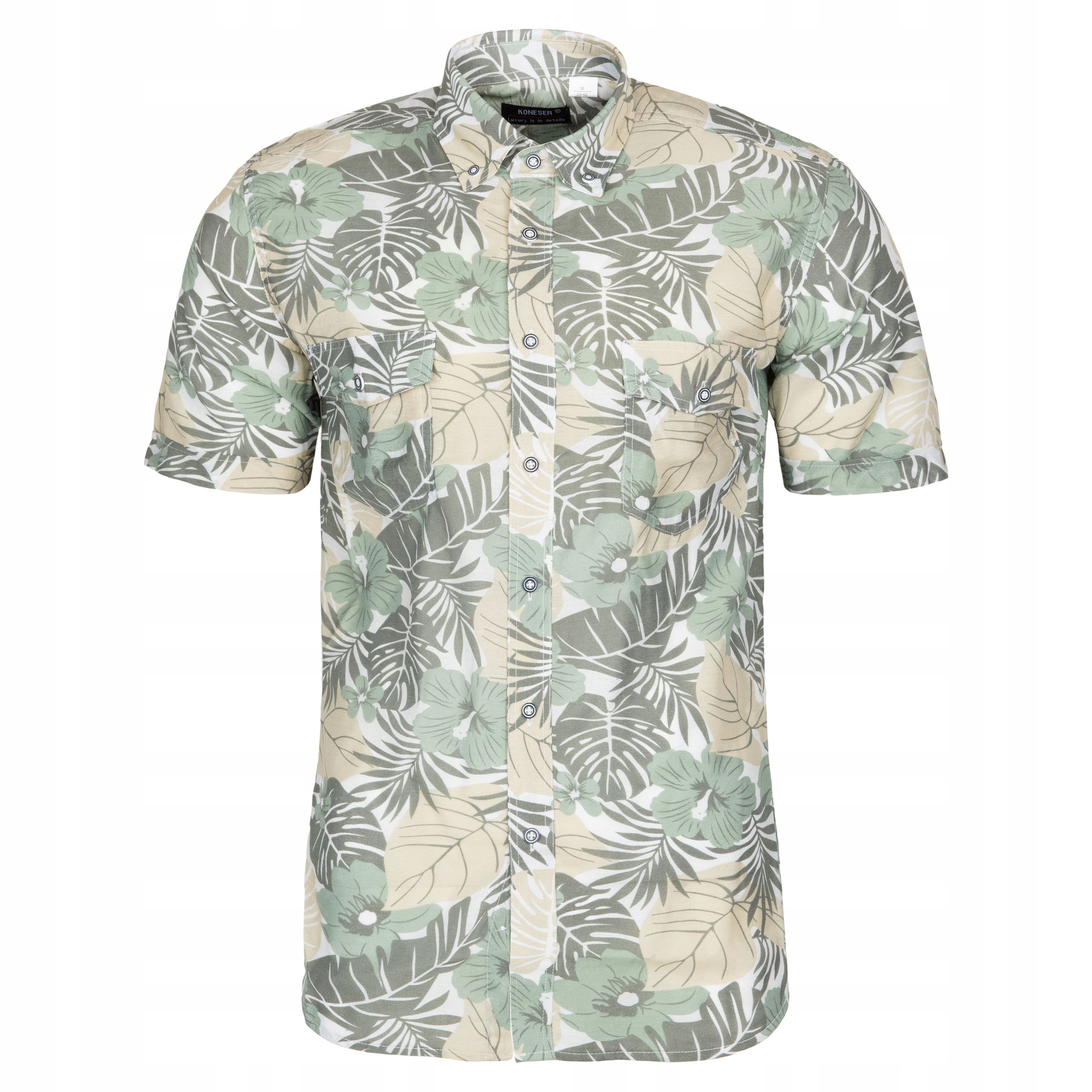 Duża Hawajska Koszula Męska Zielona Beżowa W Kwiaty 5XL 49/50