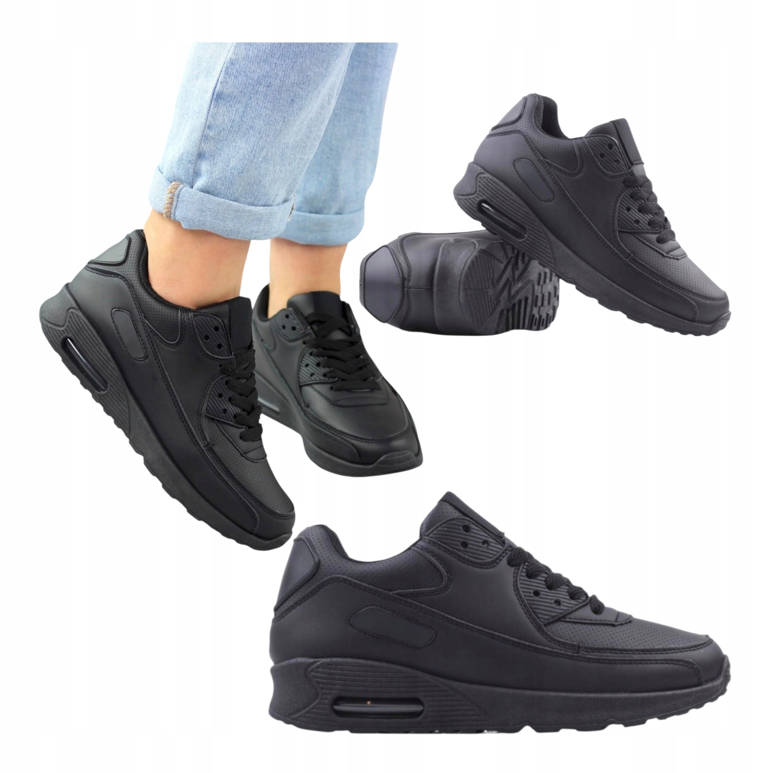 Damskie Sneakersy Sportowe Adidasy Skórzane Modne Letnie Czarne 39