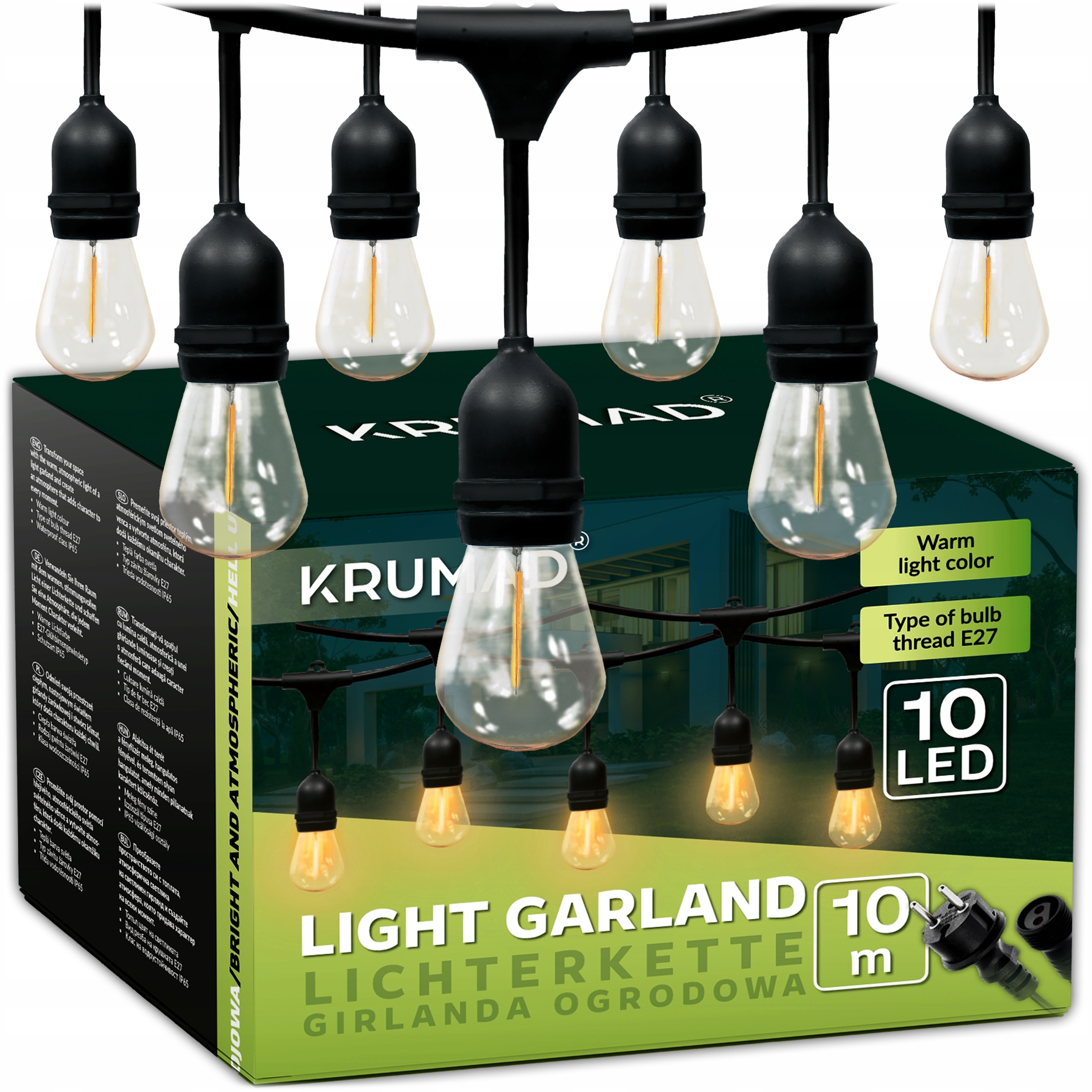 Zahradní Led girlanda Světelné lampy Zahradní řetěz 10 m x E27 Žárovka 1W