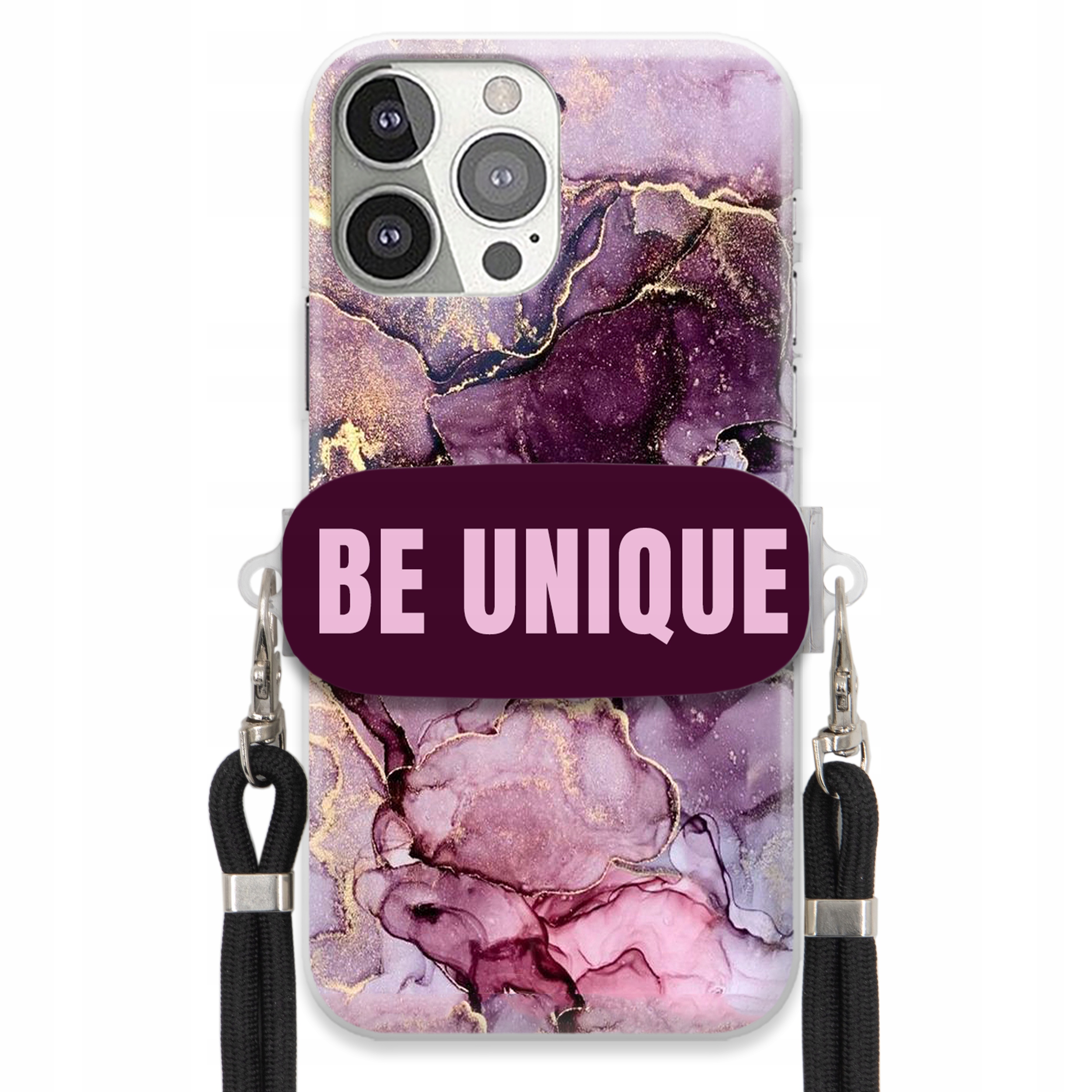 Prémiové puzdro pre iPHONE 13 Pro Case Uchywt Šnúrka Čierna Fialový Mramor