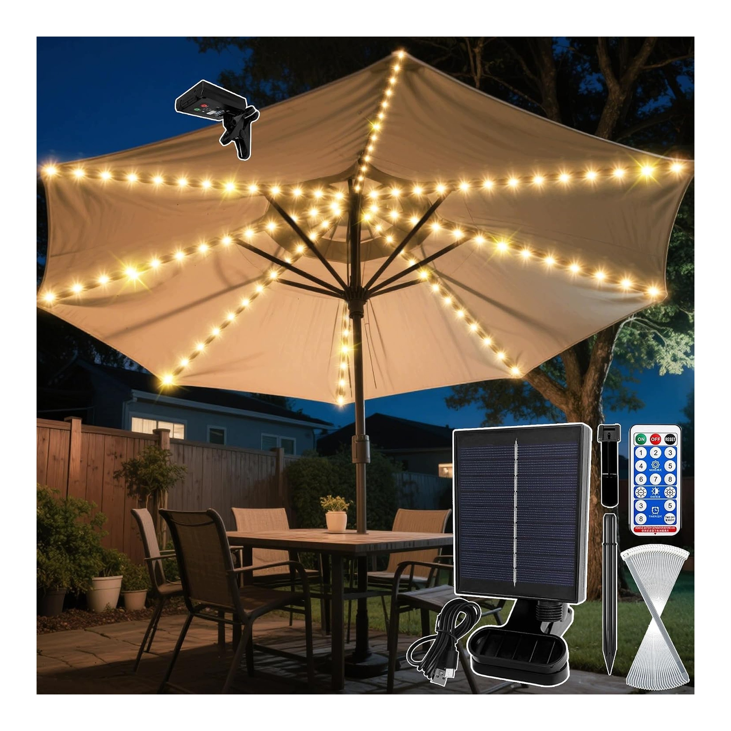 Solární lampa pro zahradní slunečník 104 Led s dálkovým ovládáním a 8 režimy IP67