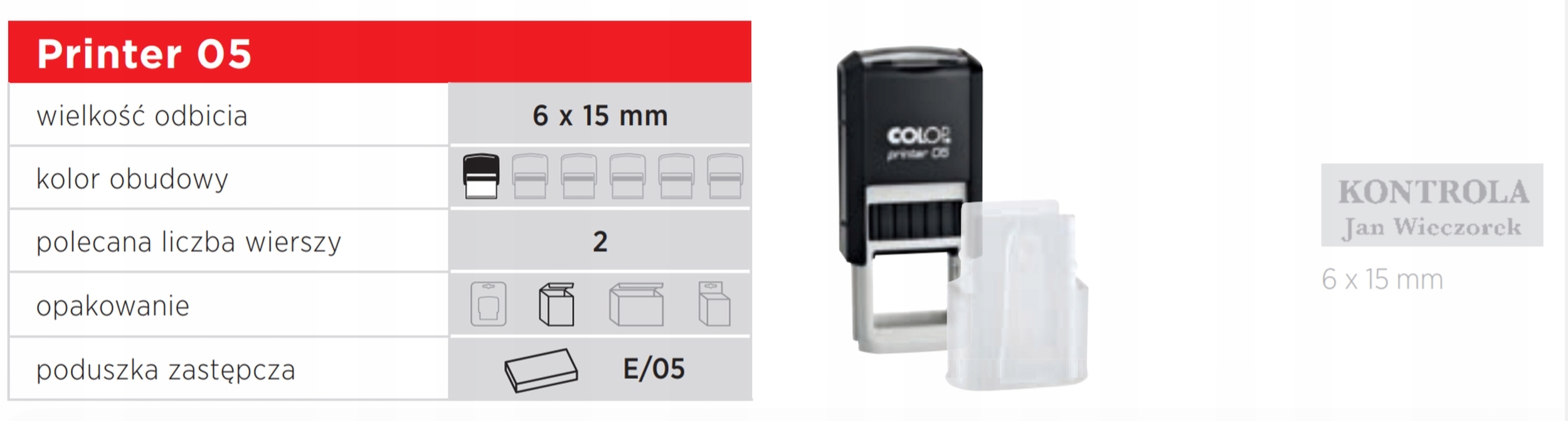 Pieczątka Colop Printer 05 15x6mm z gumką EAN (GTIN) 9004362480273