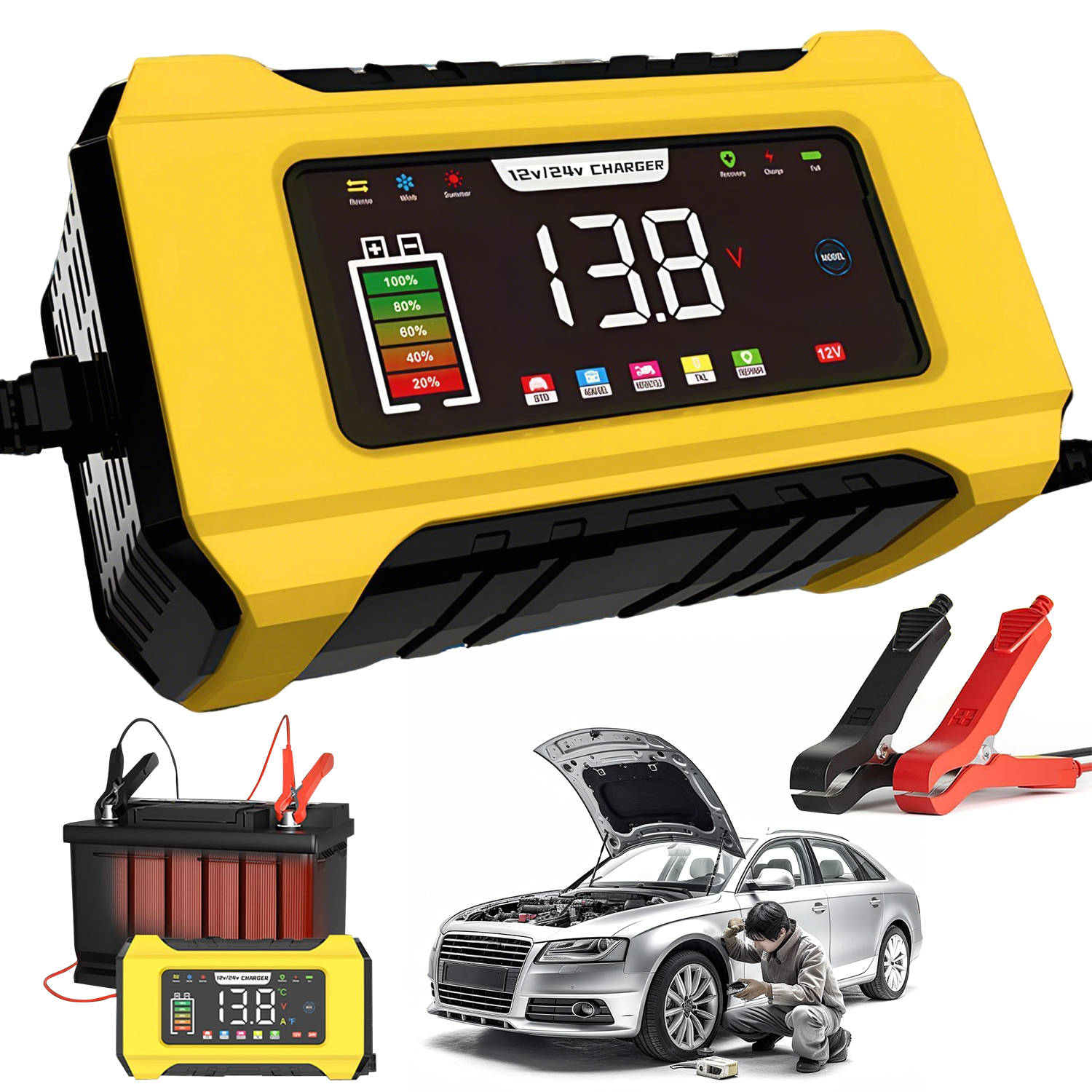 Akumulátorový Usměrňovač 12V 24V 15A 8A LCD, Impulsní Oprava