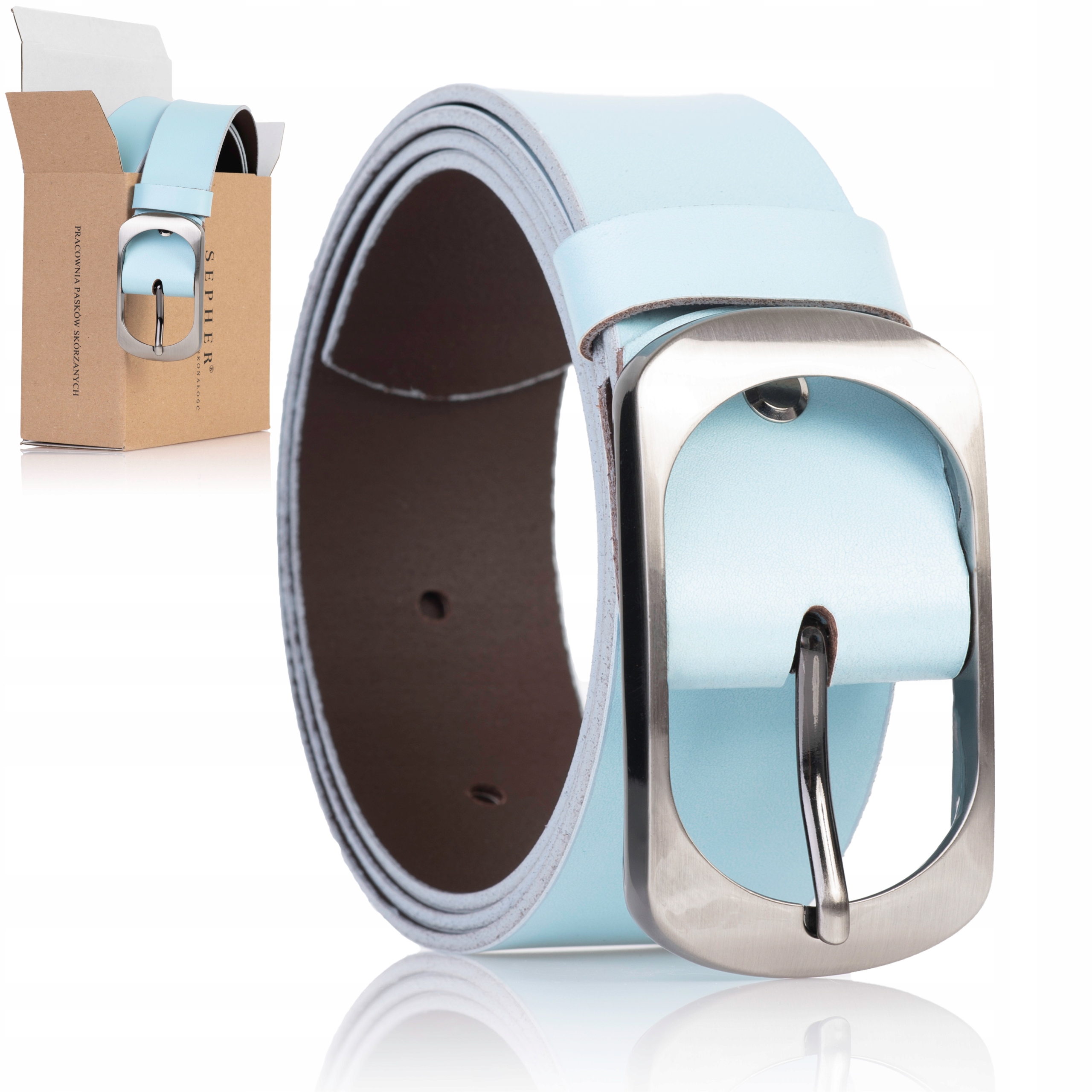 

Pasek Sepher skórzany Błękitny 4cm szeroki spodni