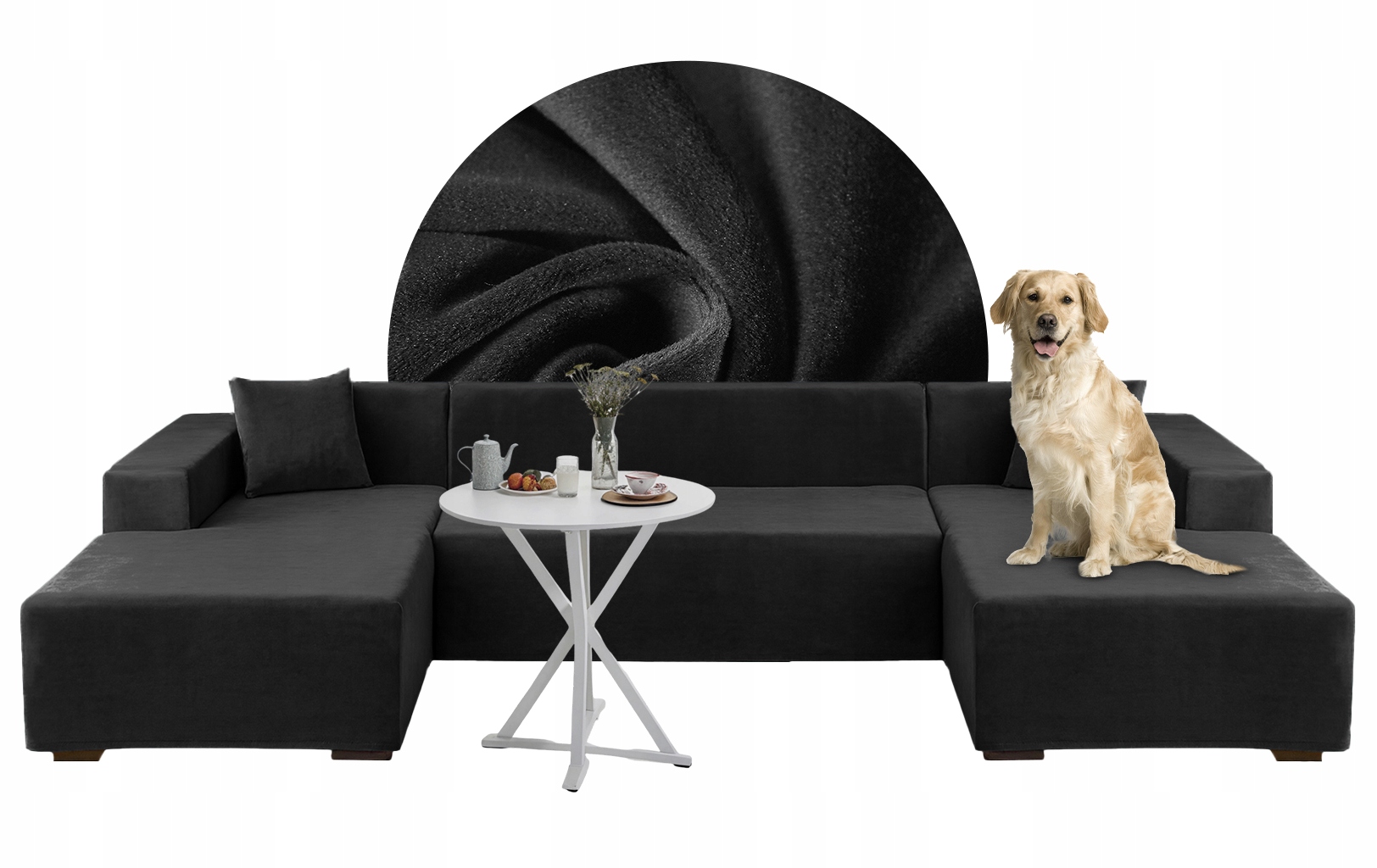 Sada potahů na rohovou sedací soupravu ve tvaru U 2+3+4 místná. Černý Velur