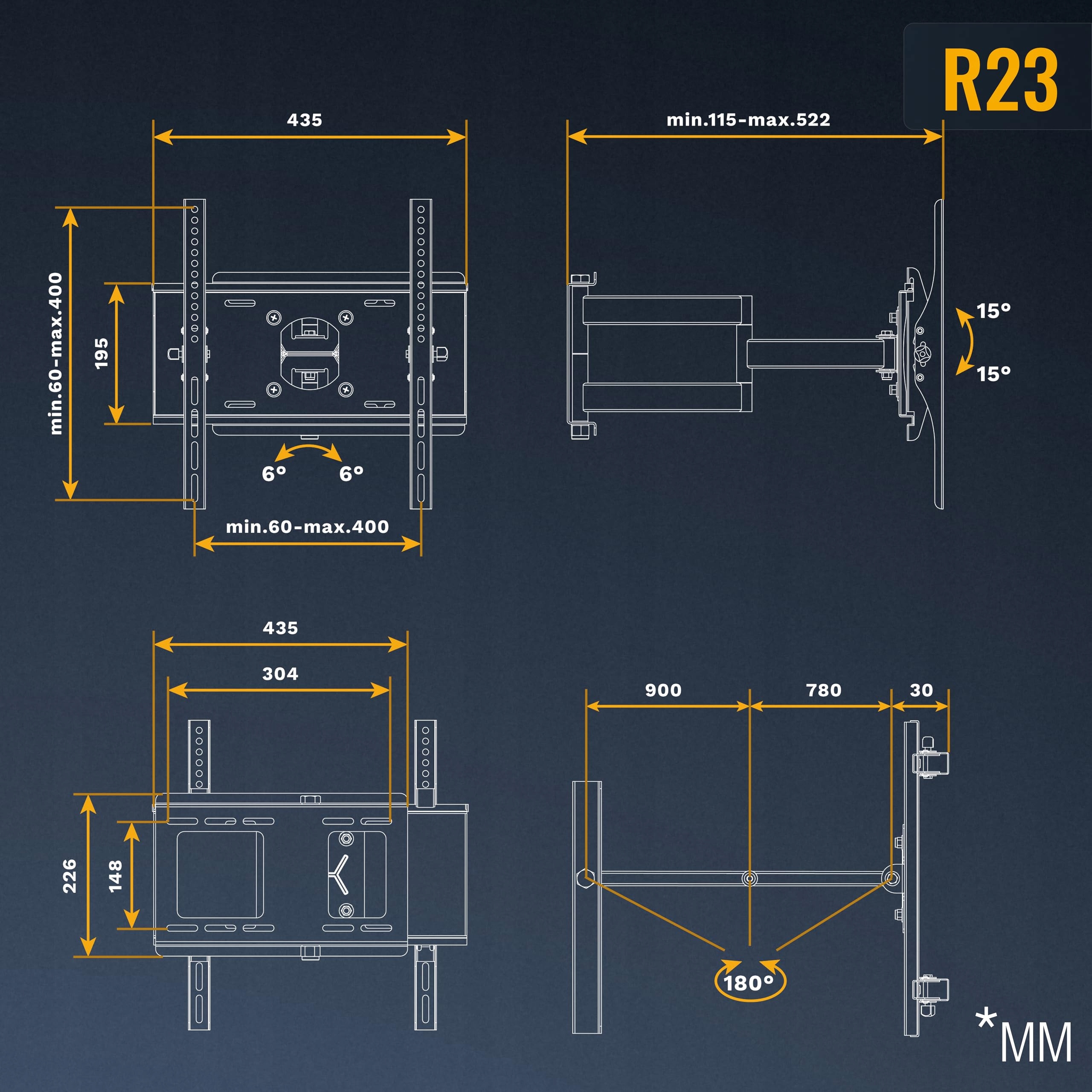 RICOO Uchwyt TV Ścienny Obrotowy 31-65 Cal 95 Kg VESA 400x400 — miniatura 9