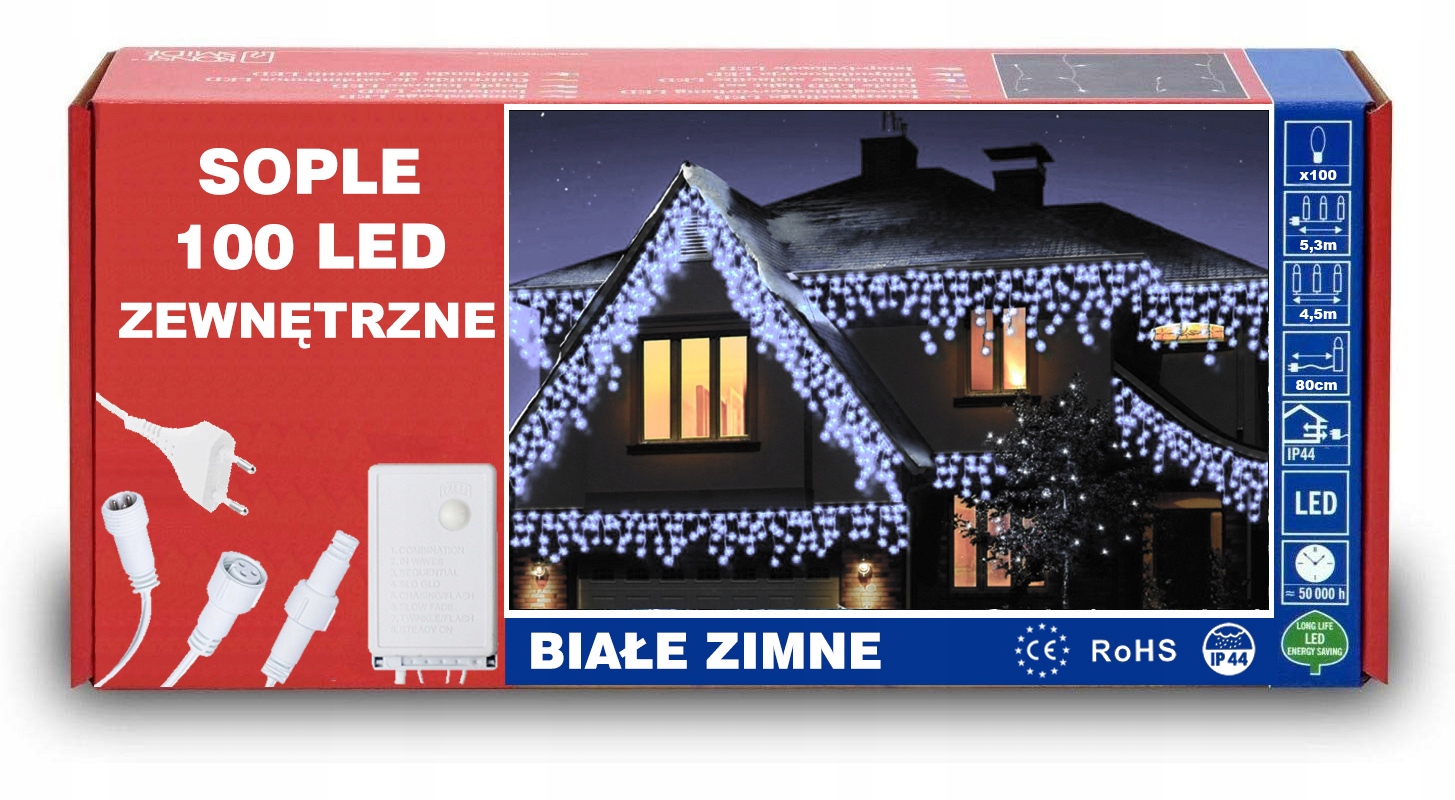 

Sople 100 Led Lampki Zewnętrzne Białe Zimne IP44