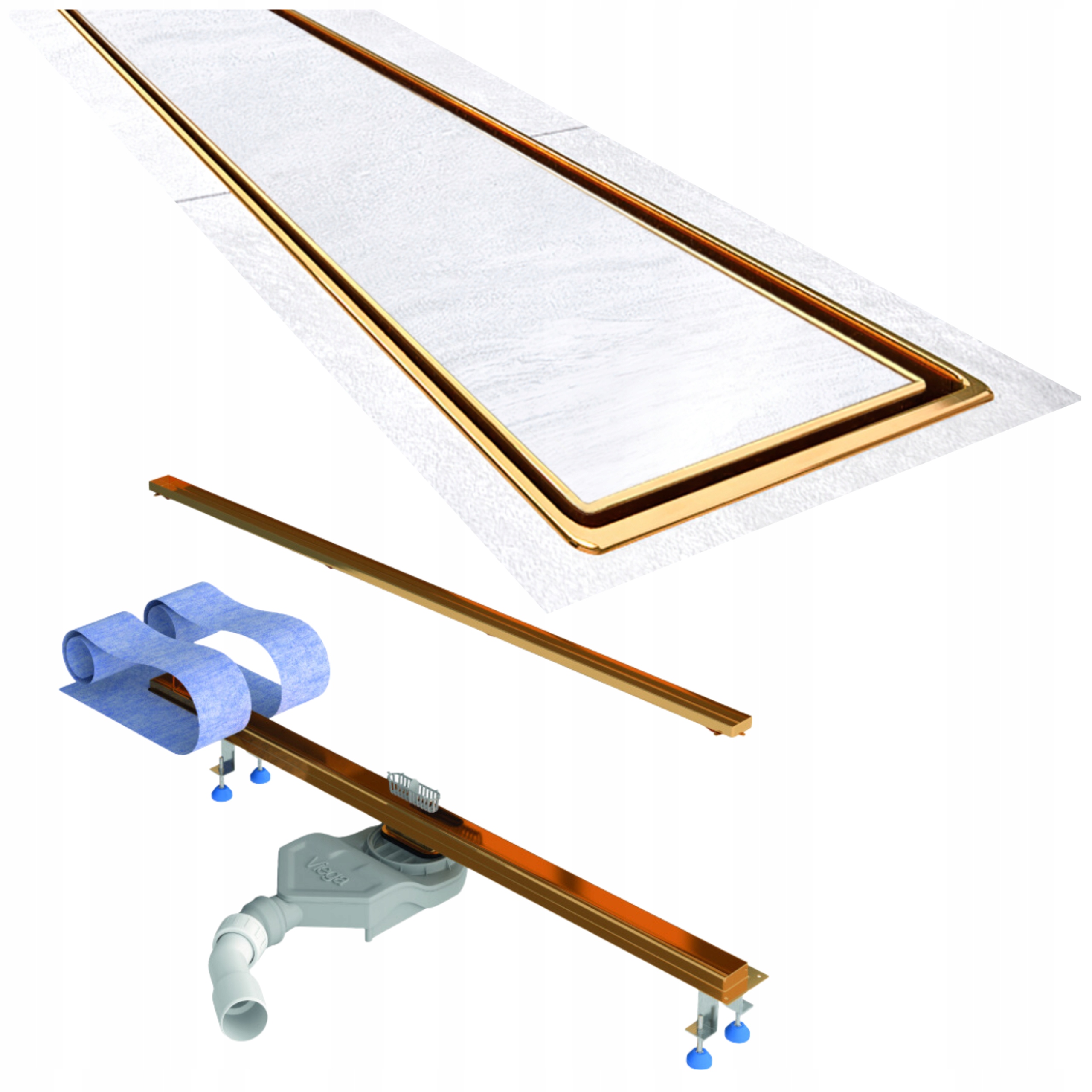 Lineárny odtok 90 cm zlatý nízky pod dosku sifón Viega Waterway Slim