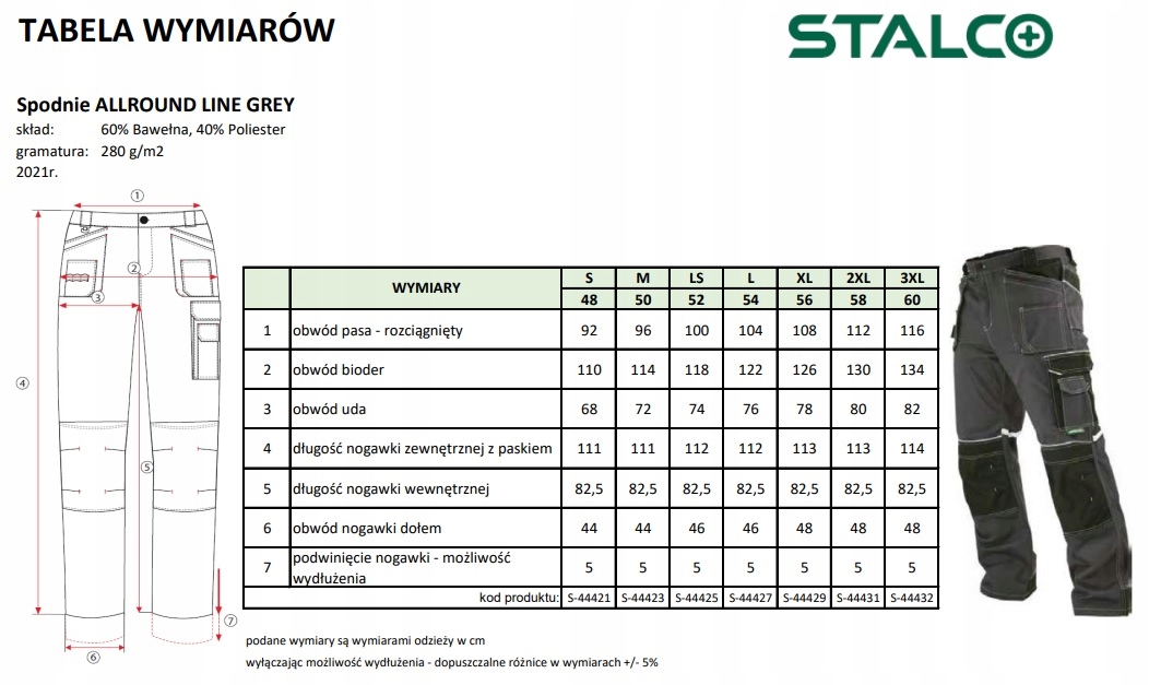 STALCO SPODNIE ROBOCZE SZARO-CZARNE XXL 58 S-44431 Długość spodni długie