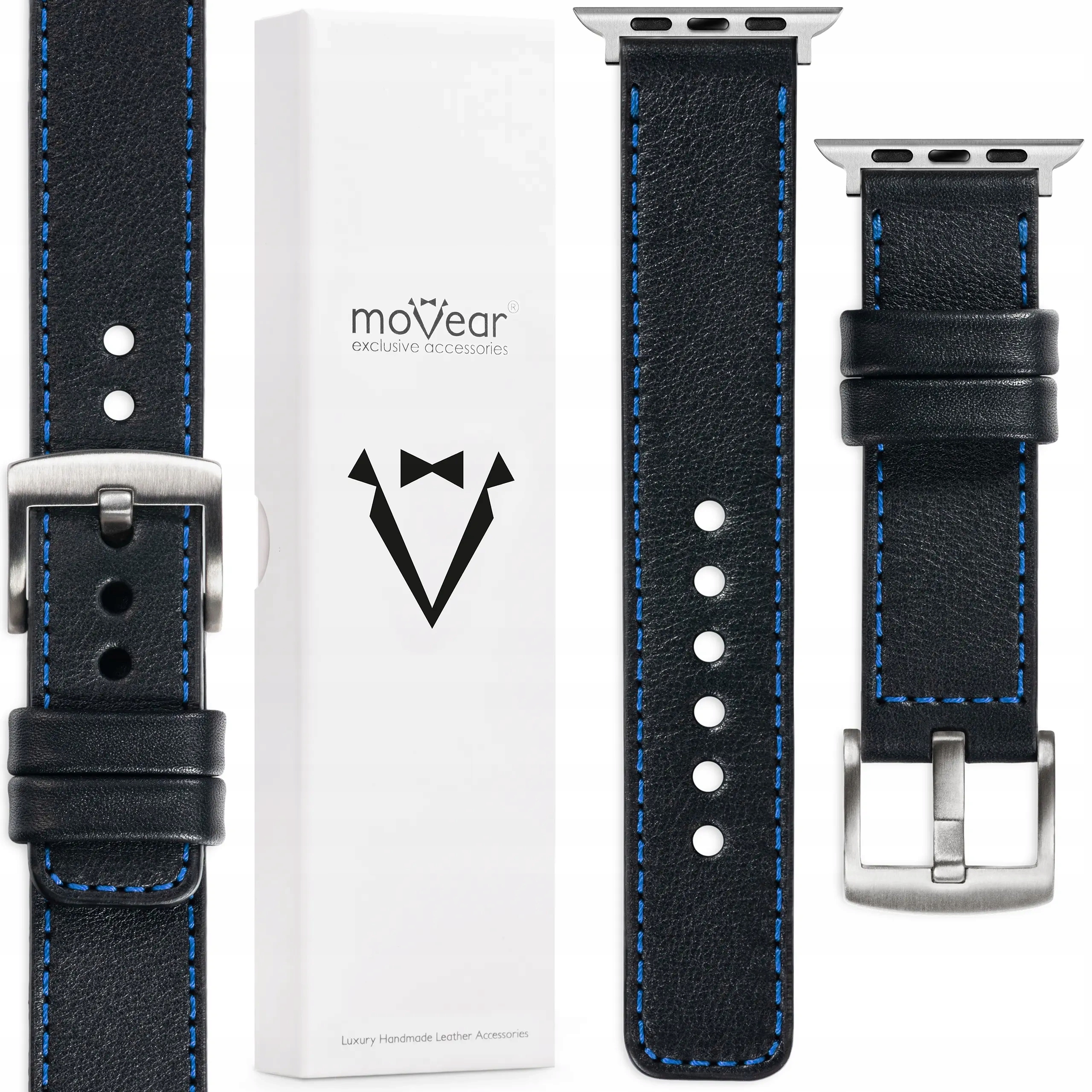 Kožený řemínek pro Apple Watch Ultra 10 9 8 7 6 5 Se Černý Movear