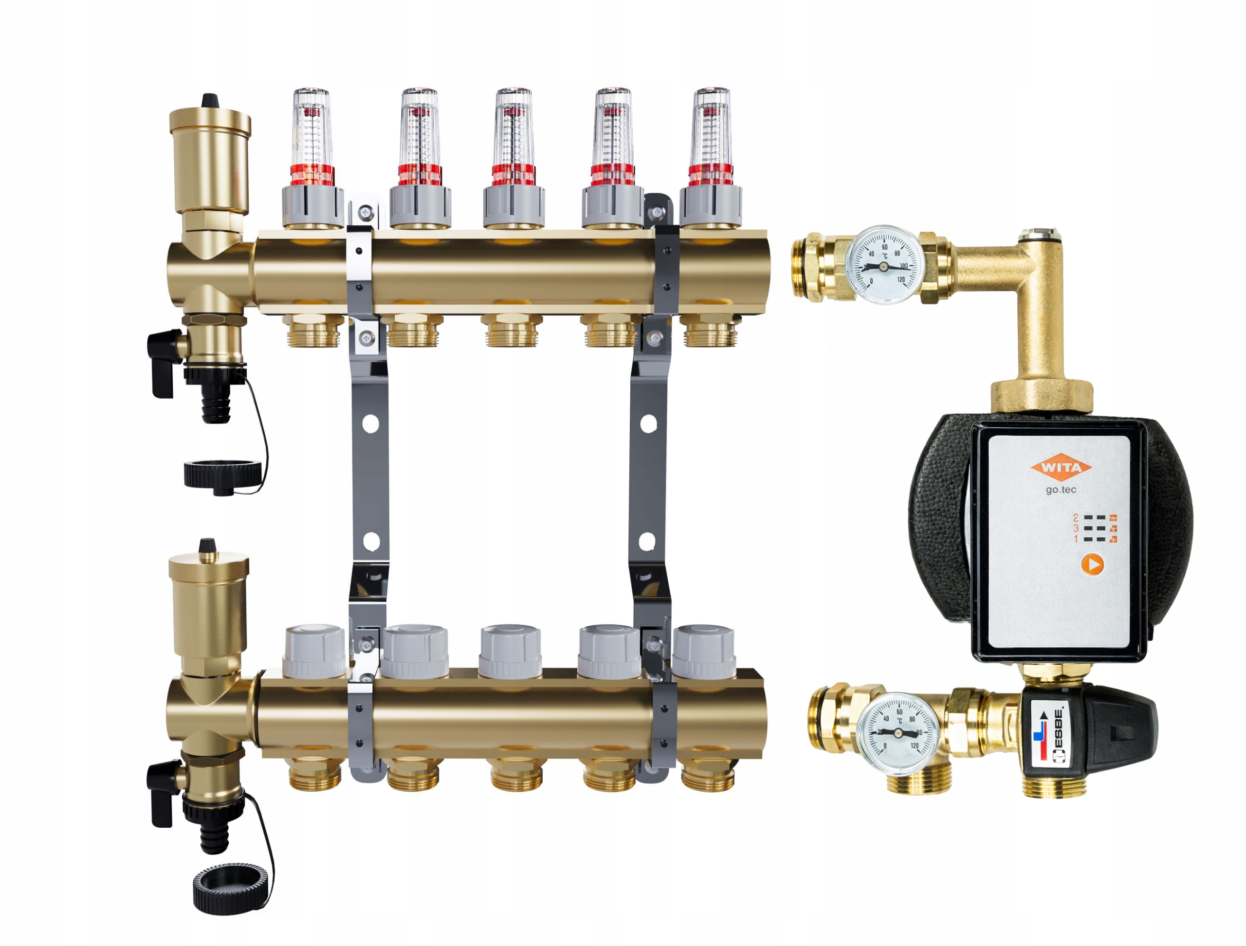 Rozdělovač pro podlahové topení 5 sekcí mosazný Čerpadlo Wita