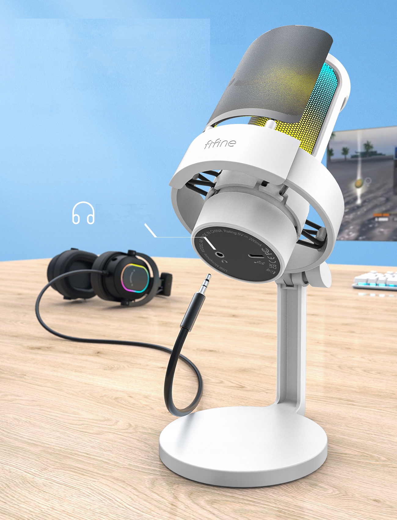 Mikrofon pojemnościowy studyjny Fifine A8 USB RGB Plug&Play gamingowy BIAŁY Marka Fifine