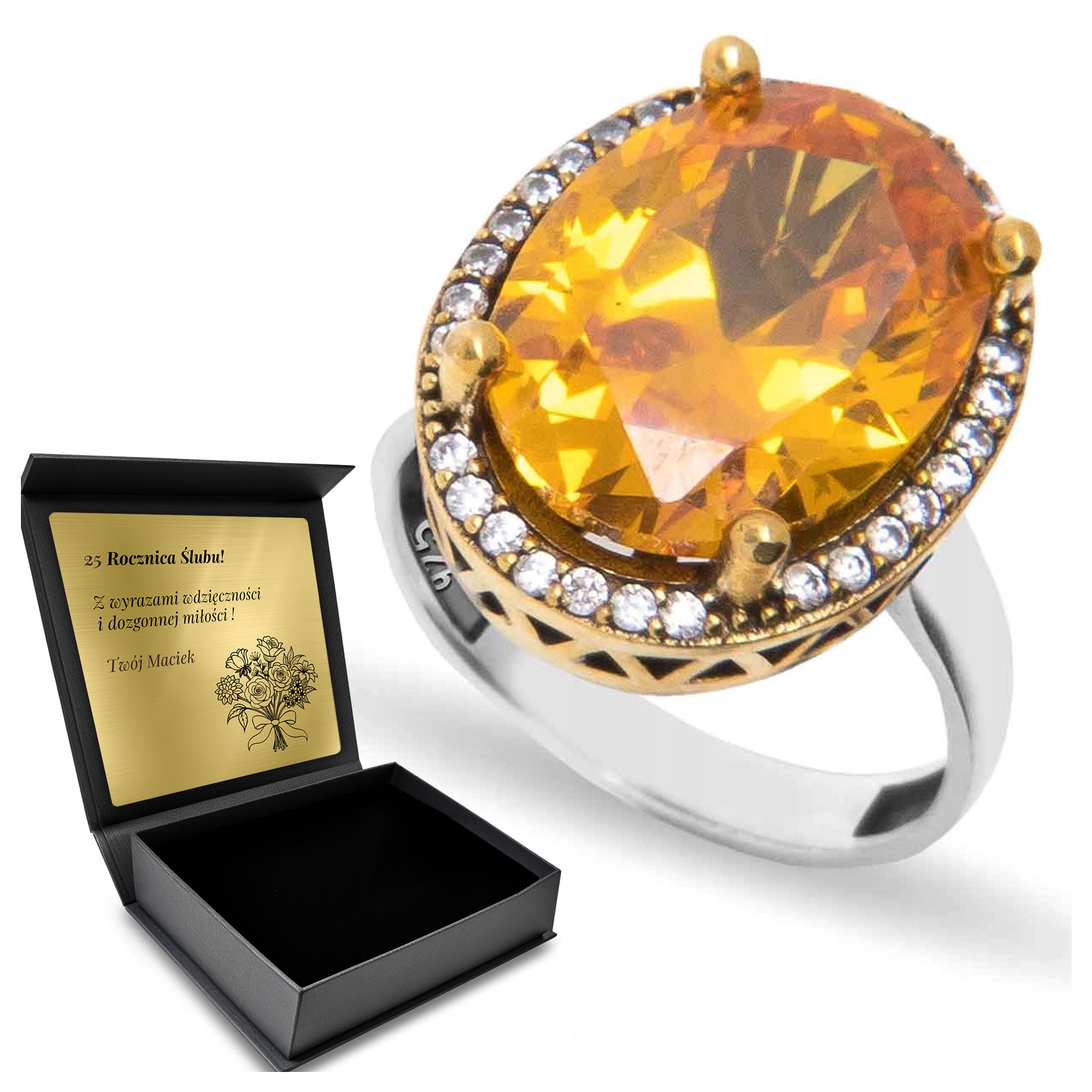 Prstýnek 925 S Citronovými Zirkony Dárek pro ženu Gravírování