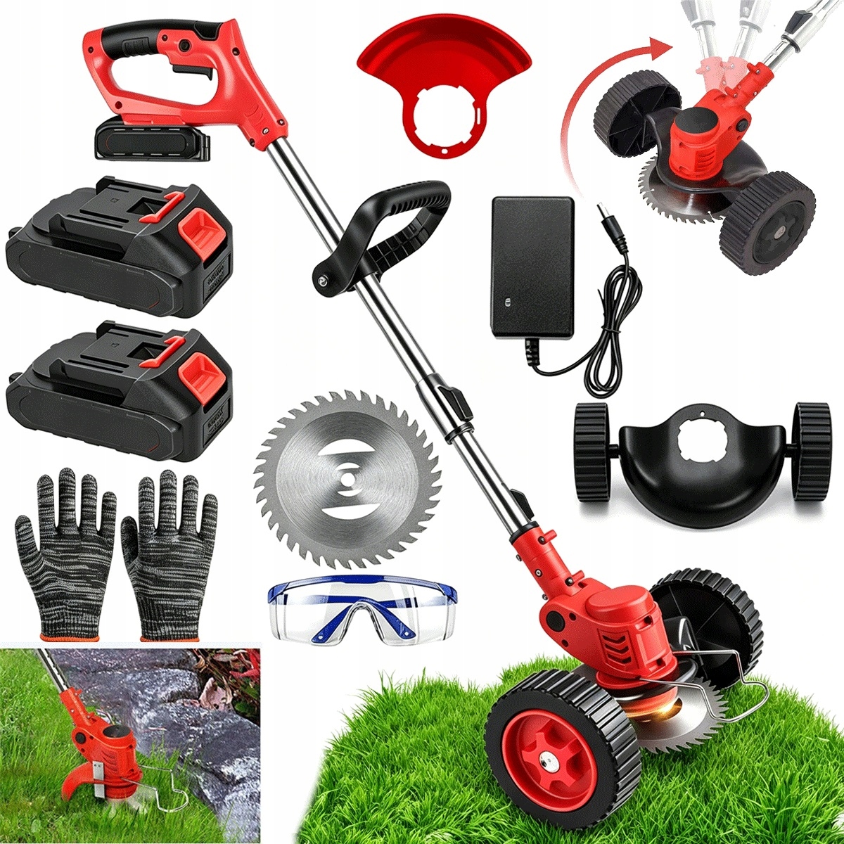 Akumulatorowa podkaszarka 650W 18000obr/min z 2 ostrzami do ogrodu czerwona