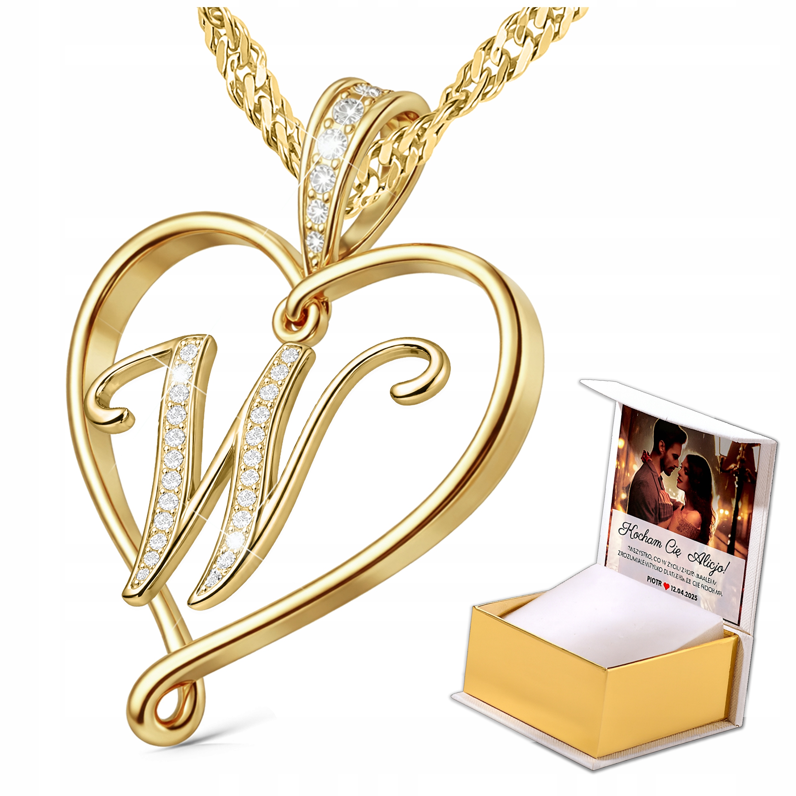Zlatý náhrdelník s písmenem písmenka se zlatým srdcem a zirkony Stříbro Potisk