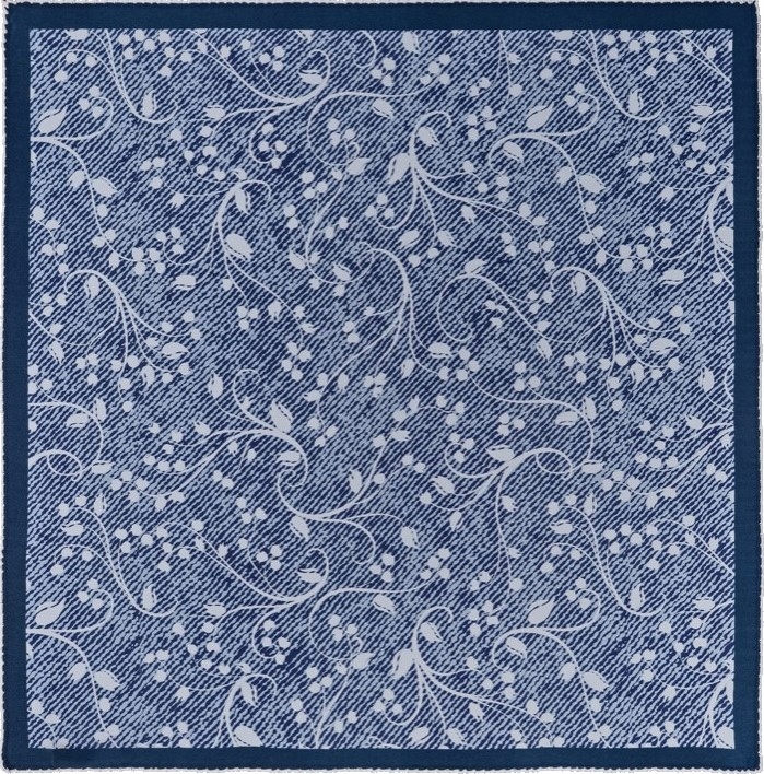 Hedvábná modrá šála s květinami a krajkovým lemem, šátek 65 x 65 cm