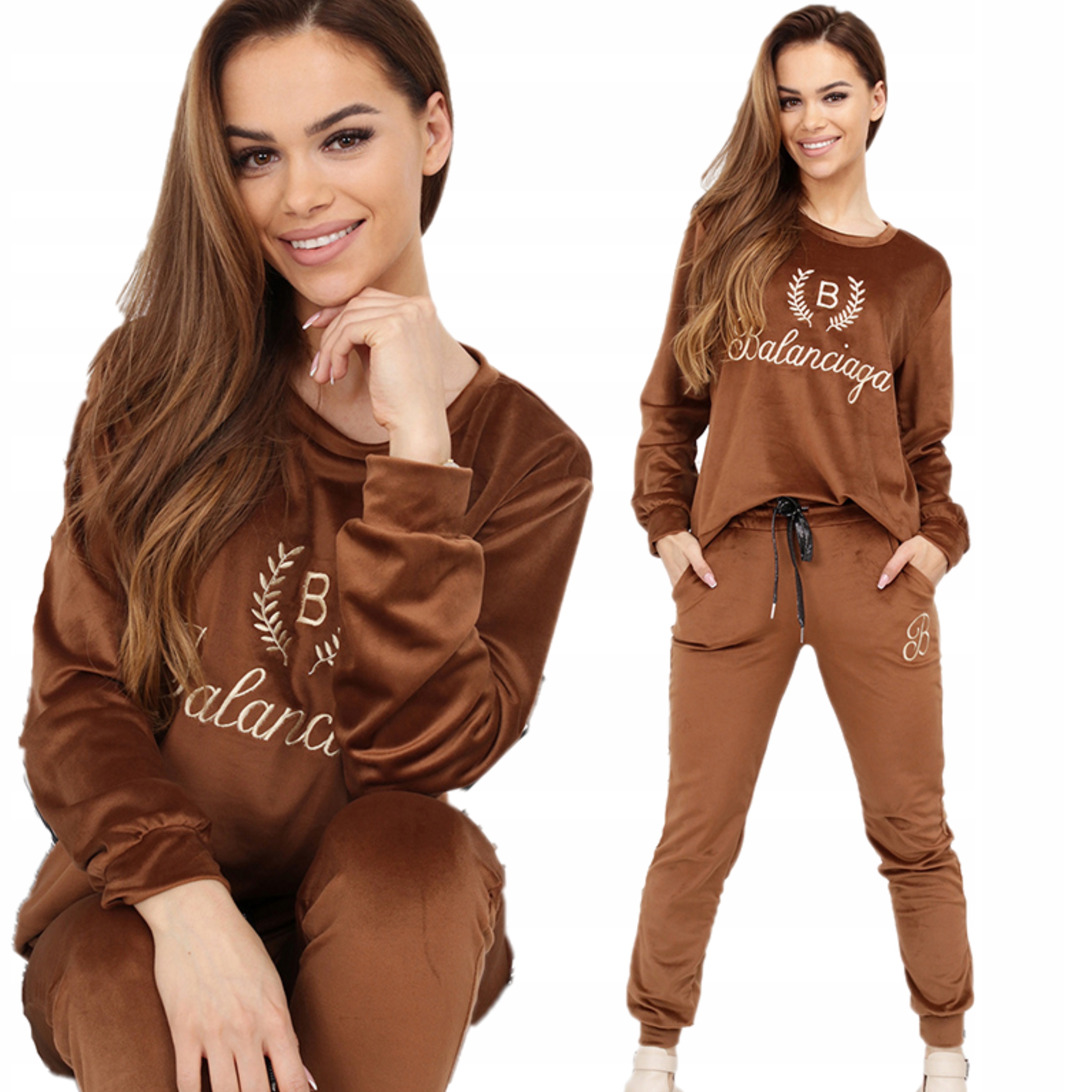 Dres Damski Komplet Welurowy Modny Ciepły 44/46 2XL/3XL Brąz 2190