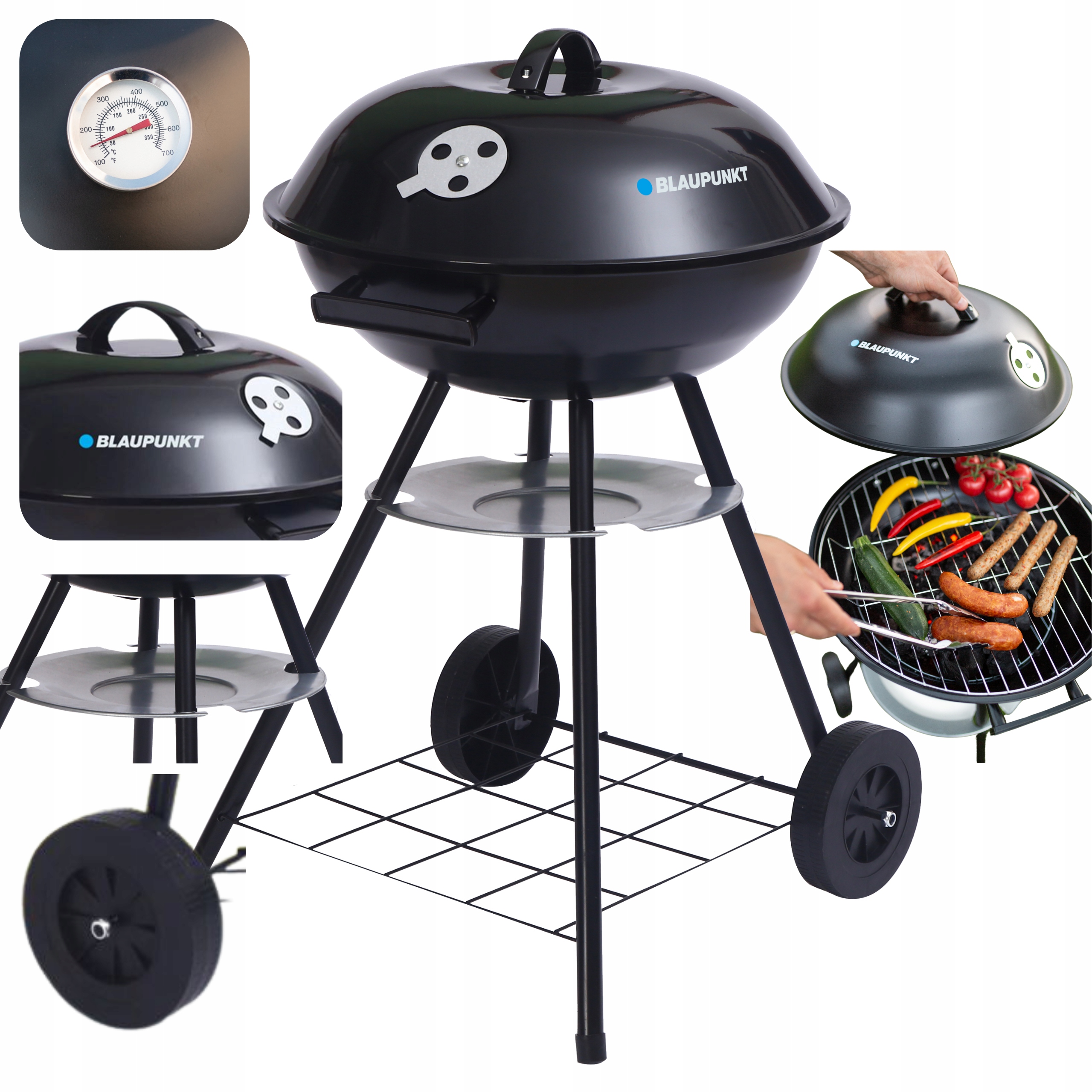 Grill Węglowy Ogrodowy z Pokrywą ruszt popielnik termometr GC401