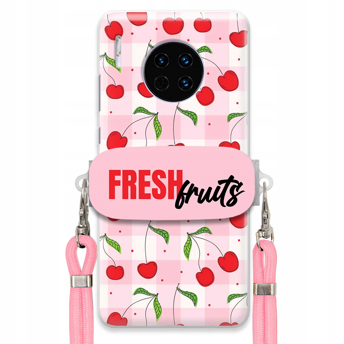 Puzdro pre Huawei Mate 30 Case držiak na šnúrku Ružový Fresh Fruits Mriežka