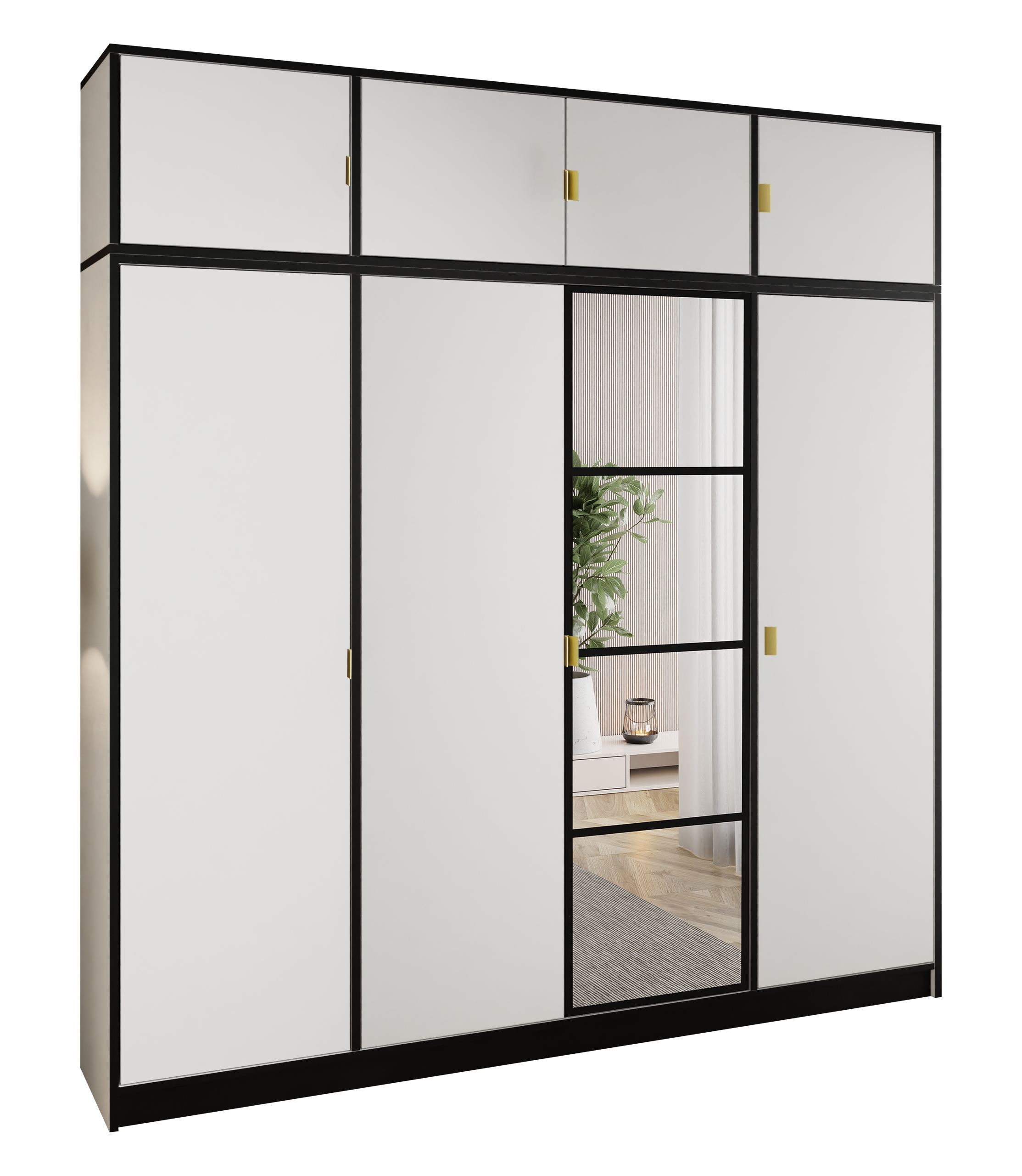 Skříň Lumi 207 4D bílá se zrcadlem , zlatá úchytka, s výsuvem