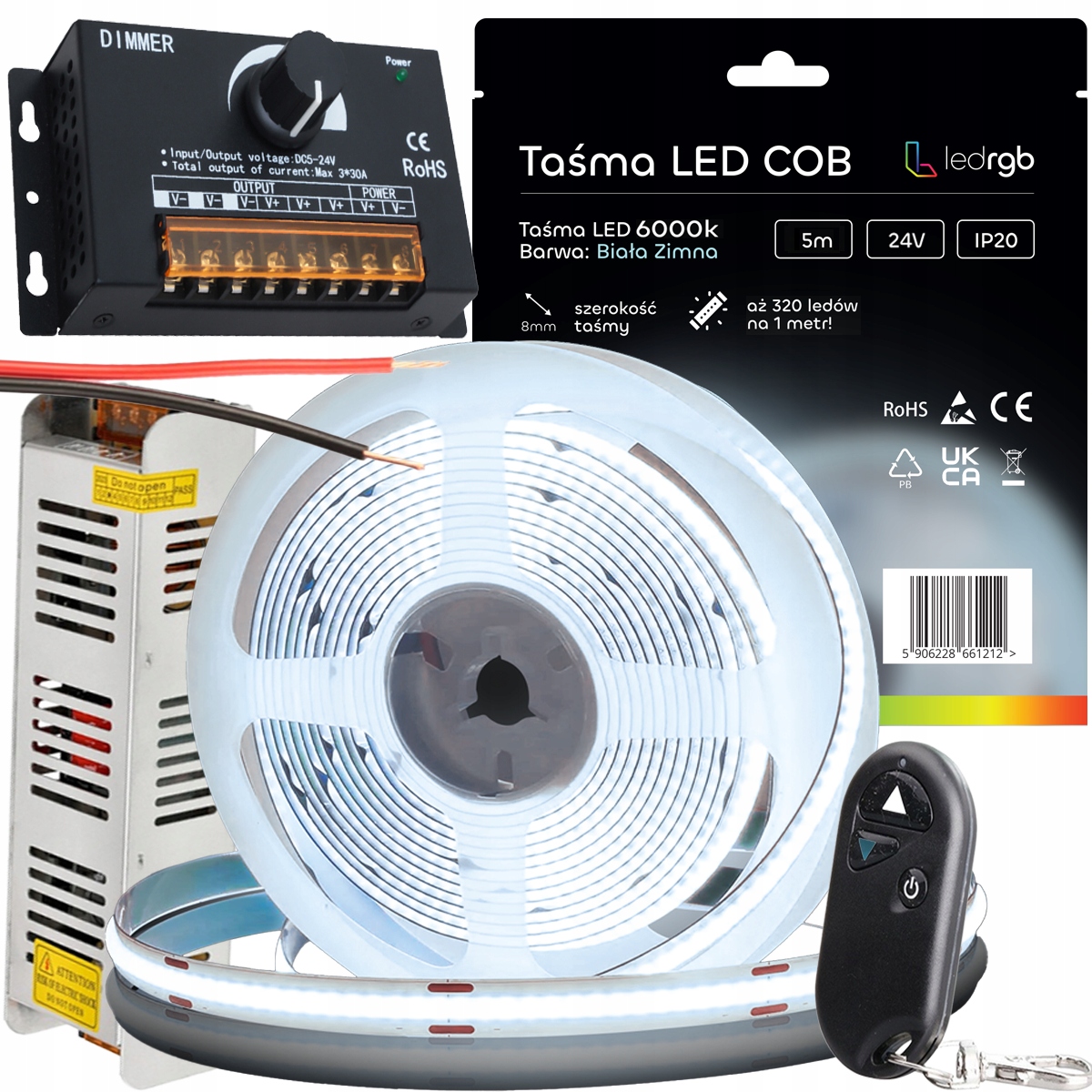 Sada Led pásků Neon Cob 12V 5 m 6000K Bílá Studená Napájecí Zdroj Dálkový Ovladač Knoflík