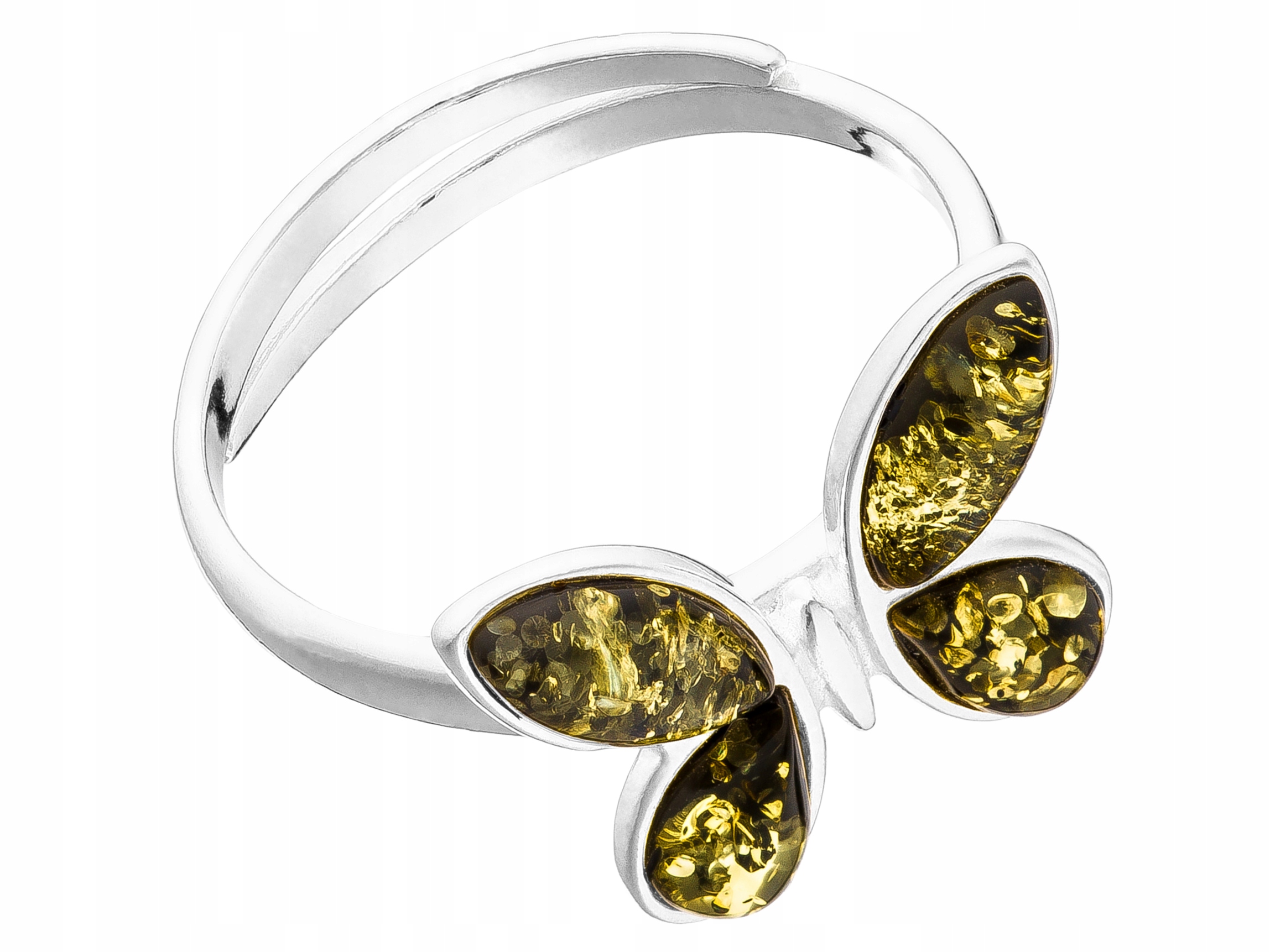 Velký stříbrný nastavitelný Prstýnek Motýlek s zeleným jantarem 16