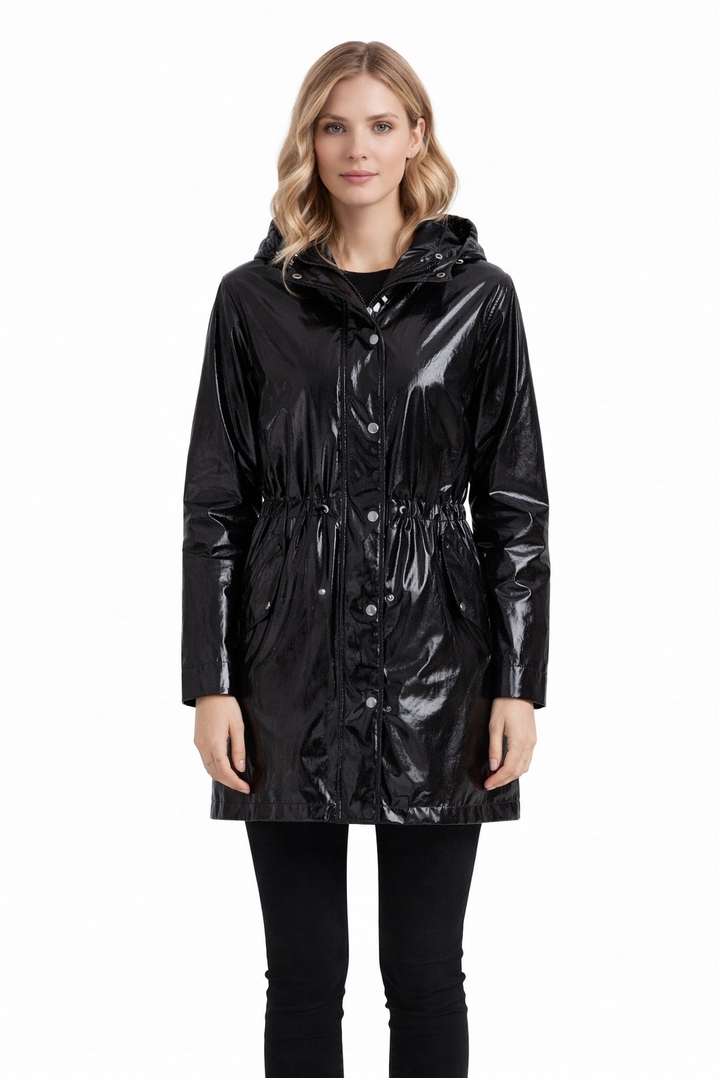 Černá Lakovaná Parka S Kapucí A Kapsami L 1I4A