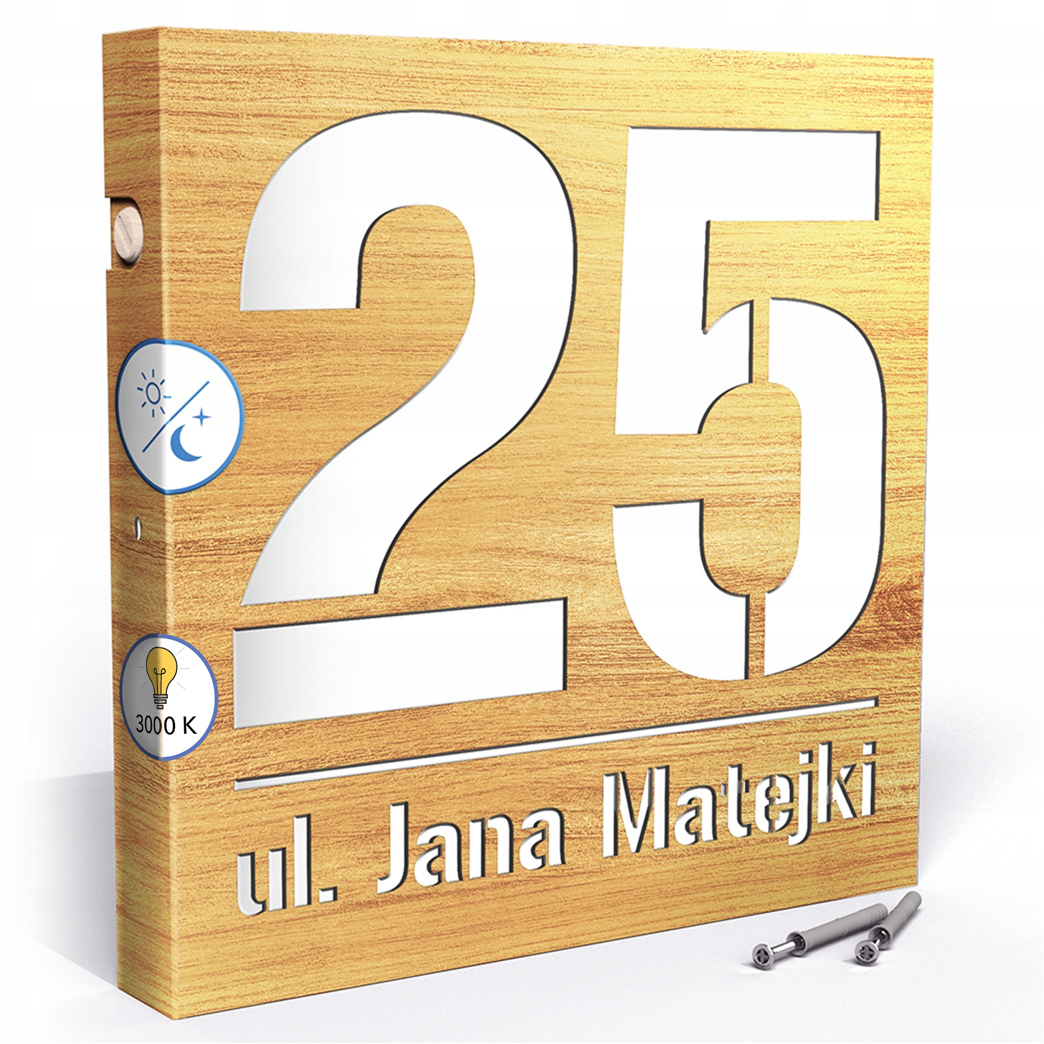 Led tabule 3000k senzor 30x30 cm Teplá barva Číslo na dům Světlý dub