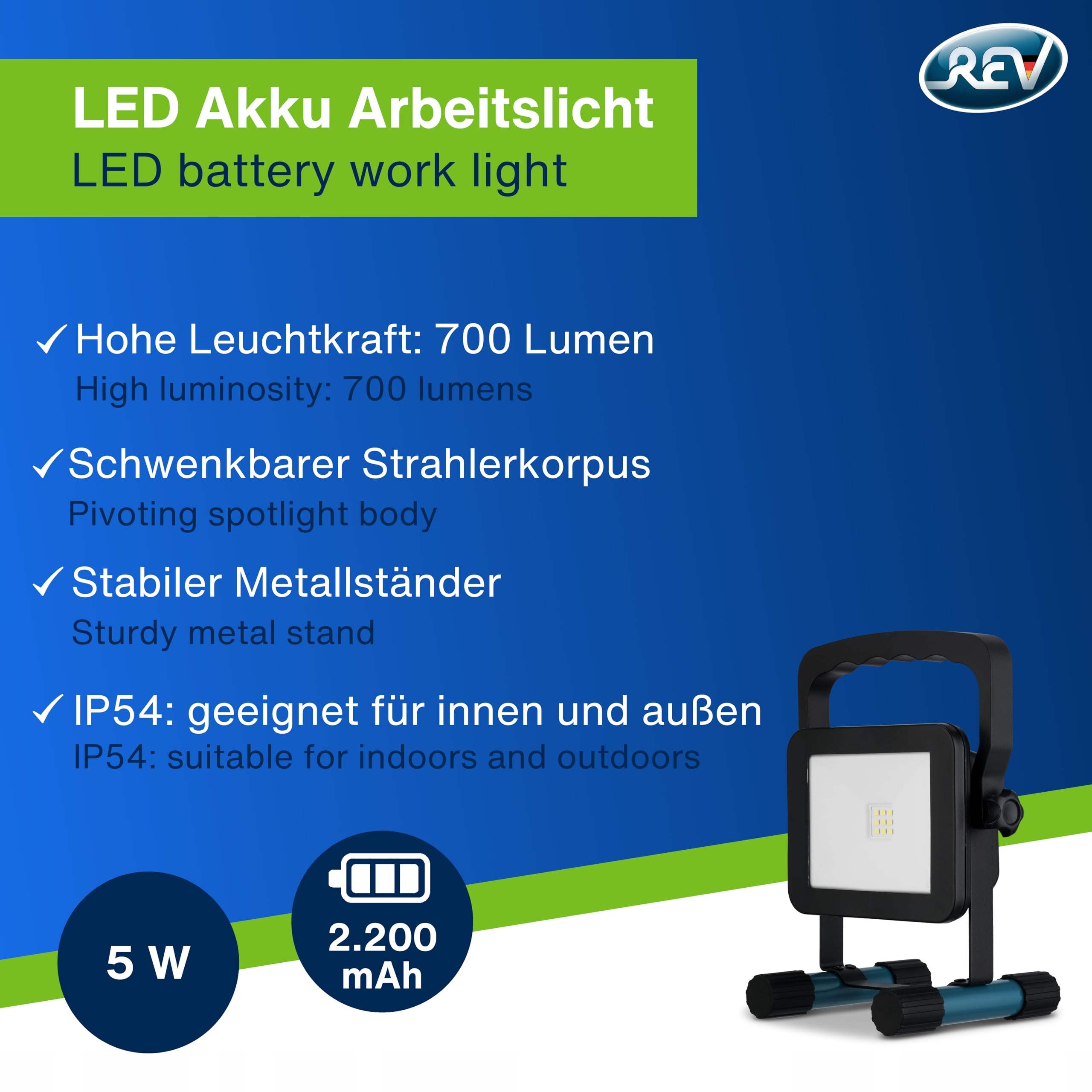 REV Lampa LED 5W 700lm IP54 Do Wnętrz i Na Zewnątrz Z Akumulatorem — miniatura 2