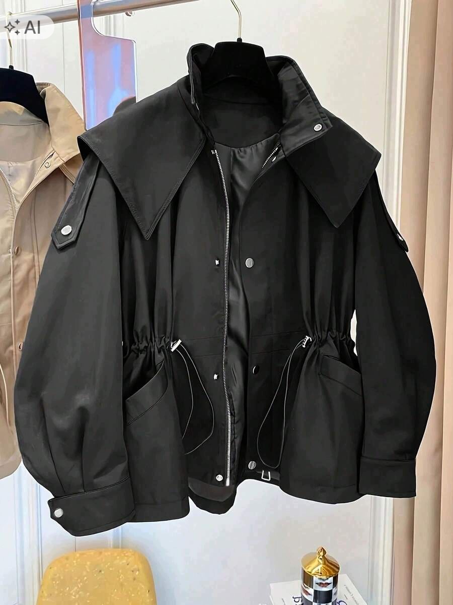 Shein Černá Parka Bunda S Vysokým Límcem A Páskem XL 1LA