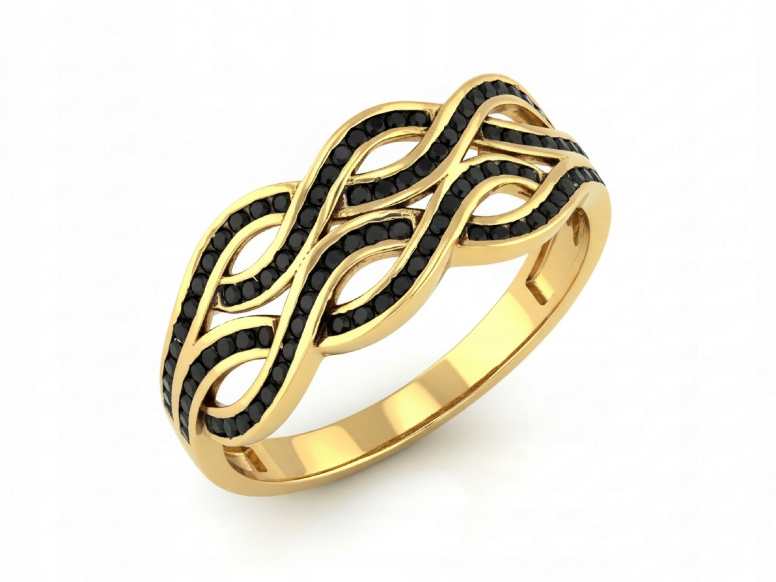 Zlatý prstýnek zdobený 585 Černými zirkony r19 Vlny 2.86g dárek