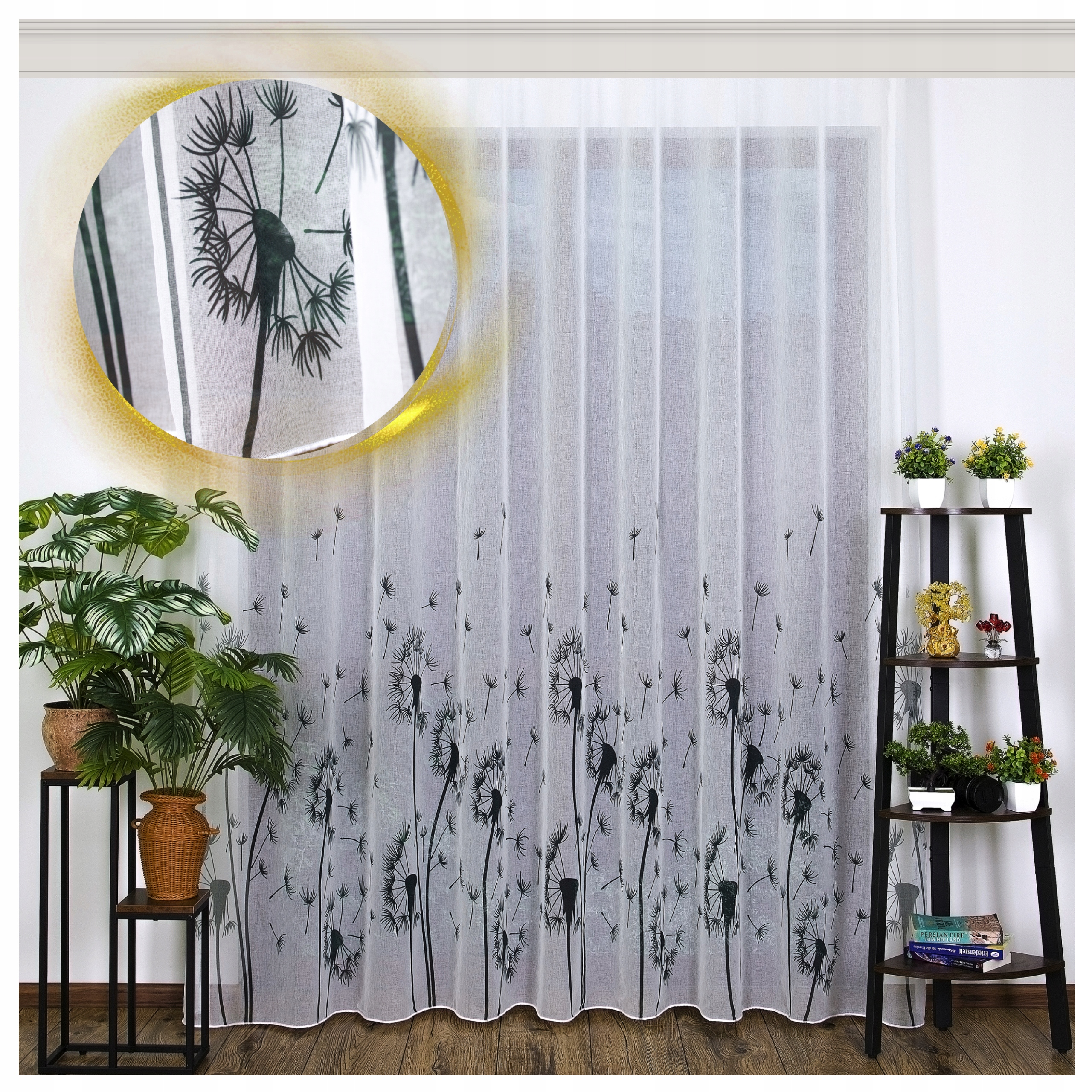 Záclona etamin hotová Lena černé pampelišky 1000x225 olověná páska žabky