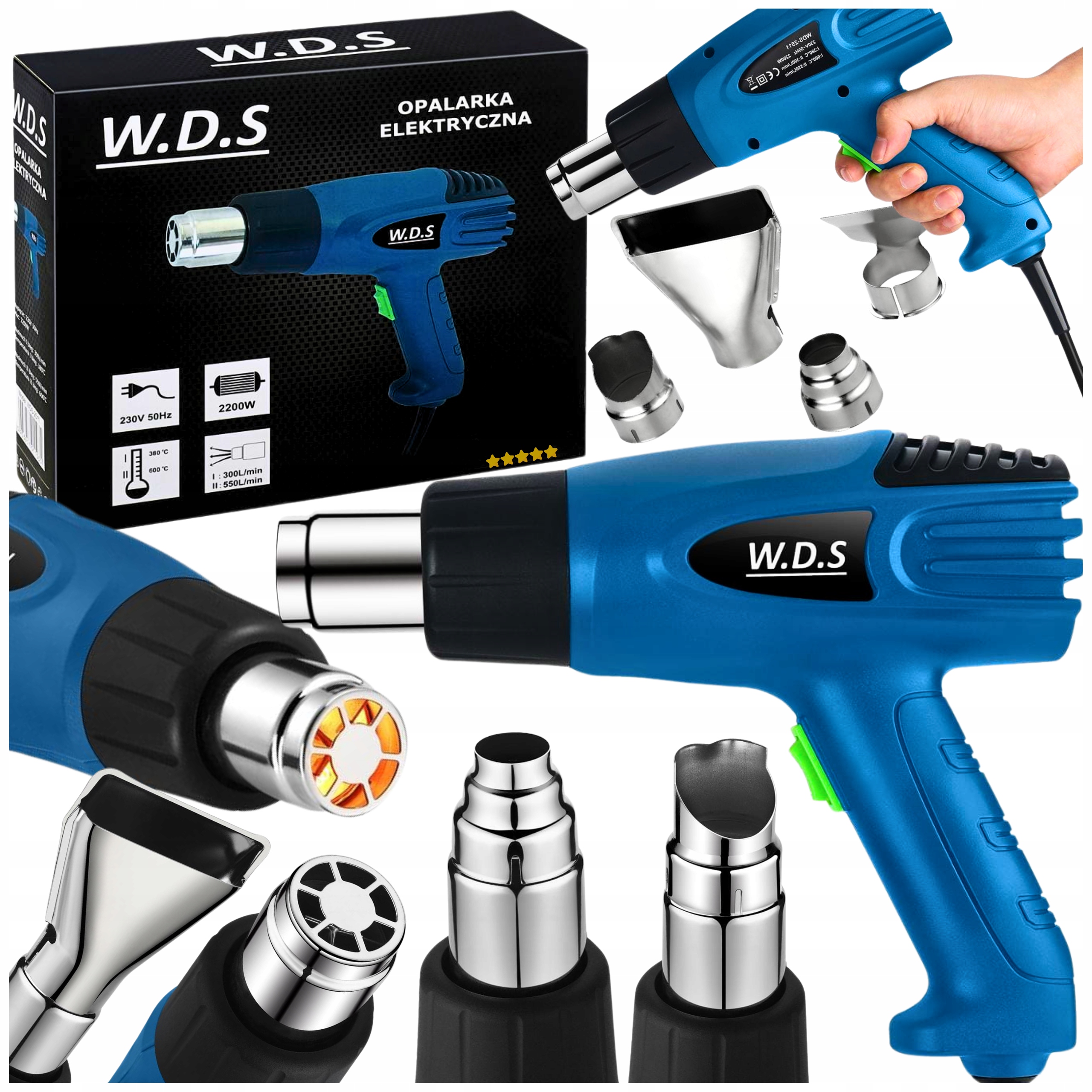 Opalarka Elektryczna 2200W 2 Biegi Regulacja Temperatury 380-600C +4 Dysze
