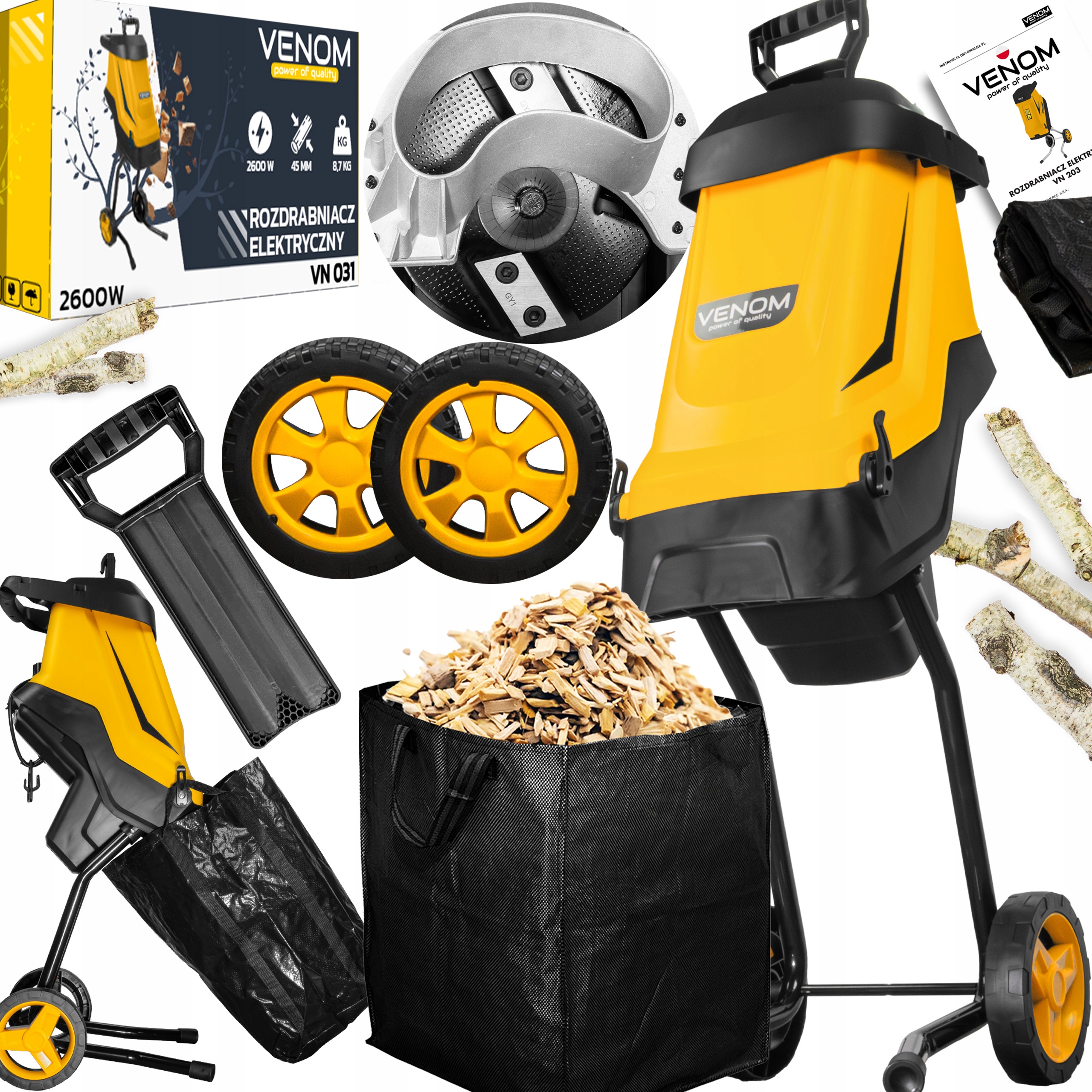 Drtič Elektrický Štěpkovač Na Větve 45MM 2600W Nádrž 45L Nože Pro