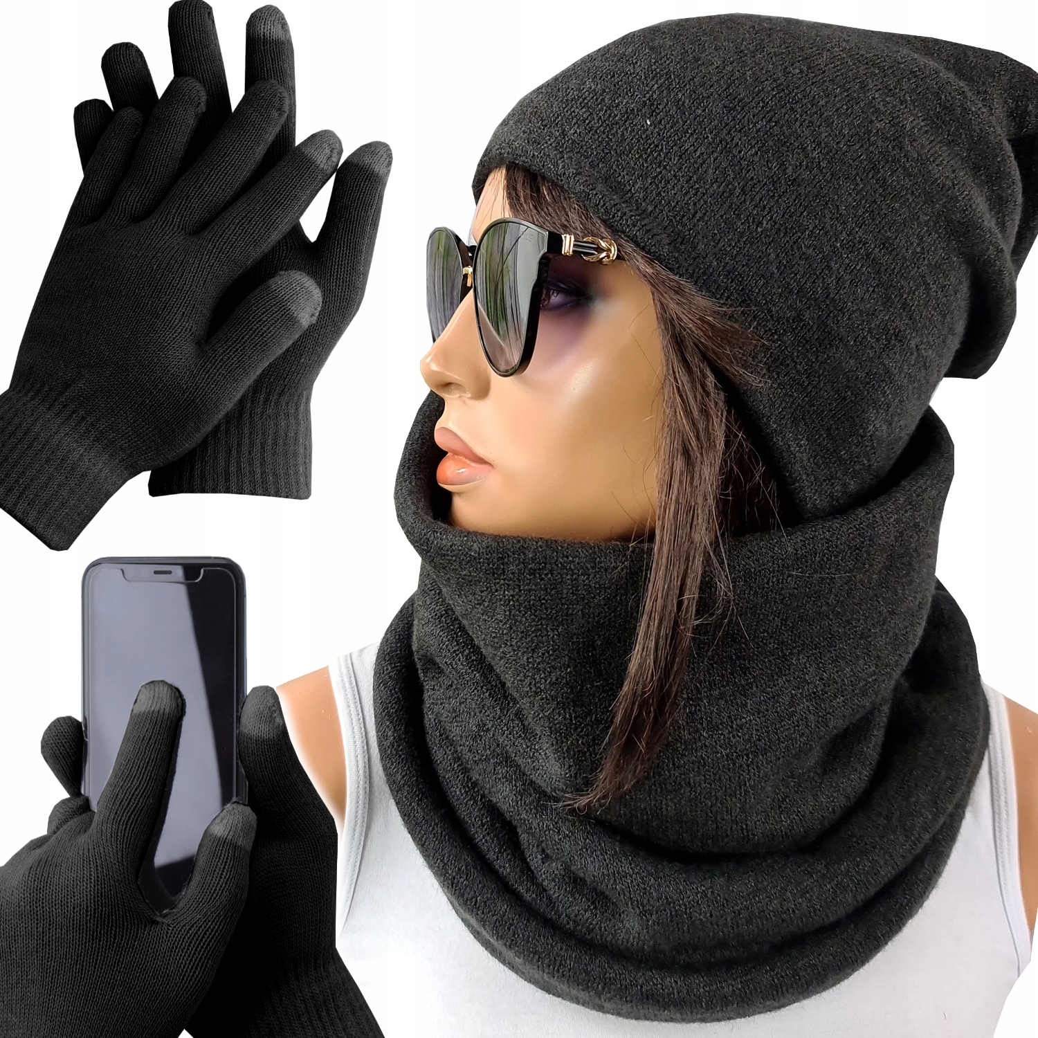 

Komplet Czapka Komin Rękawiczki Dotykowe Czerń