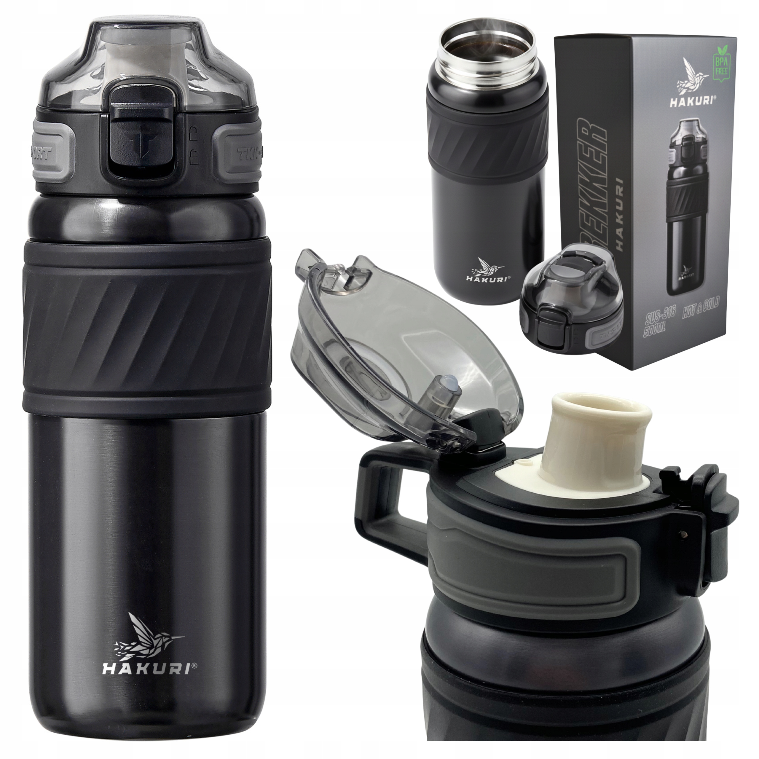 Termohrnek termoska s náustkem na horké nápoje udržuje teplo, černá