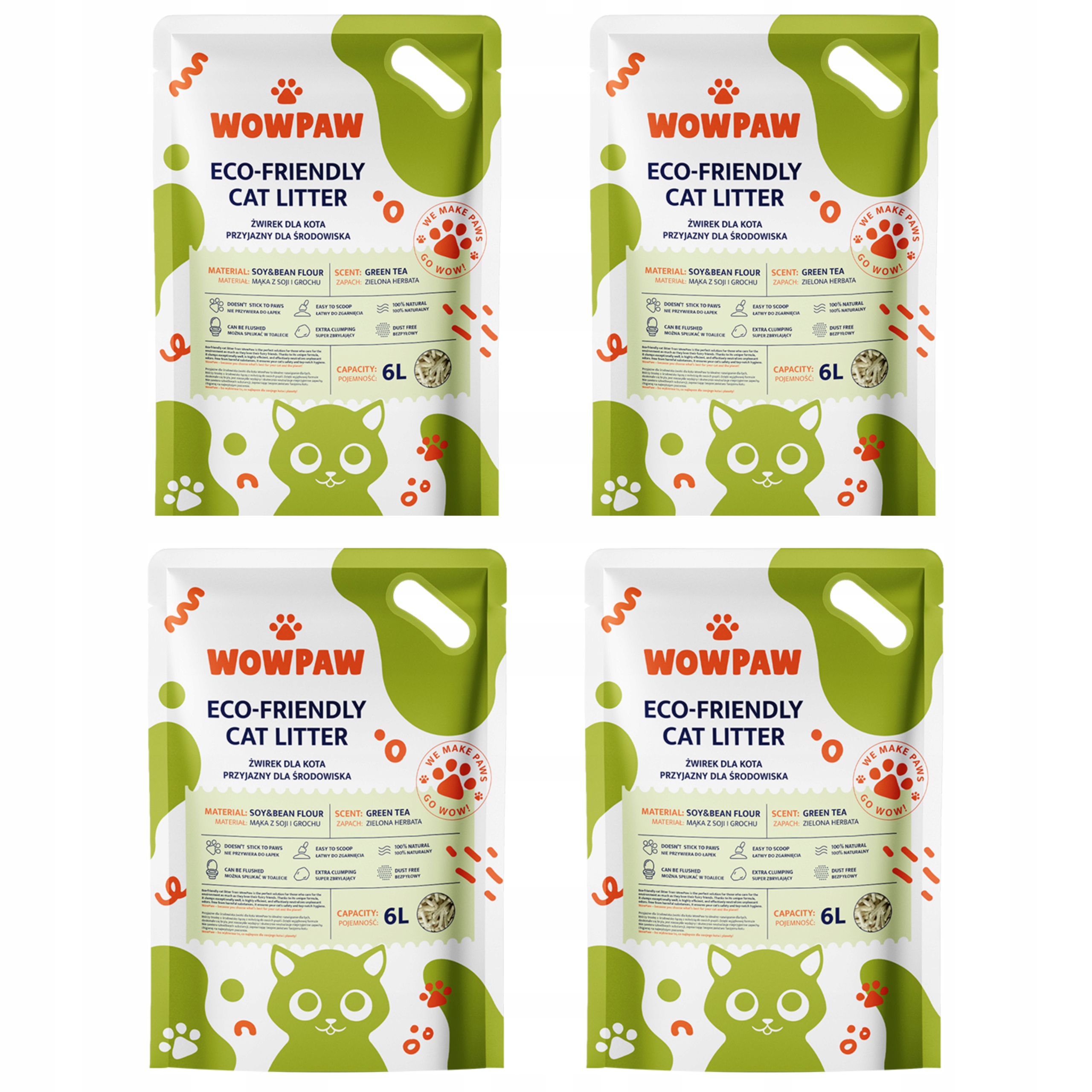 Stelivo Pro Kočky 4x6L Zelený Čaj Hrudkující, Biologicky Rozložitelný