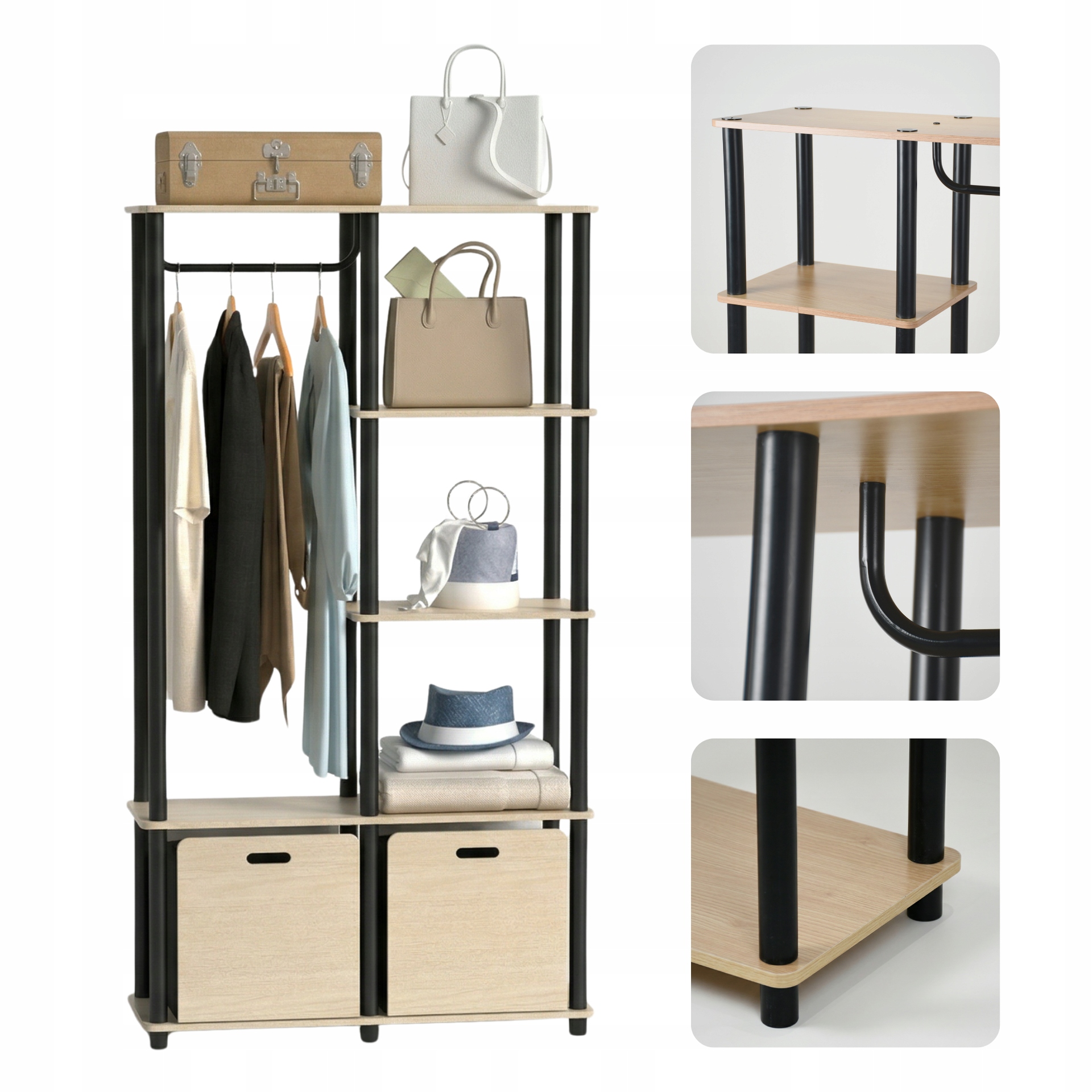 Modulární Otevřený Regál Do Šatníku Předsíně S Tyčí, 5 Polic, 151 CM