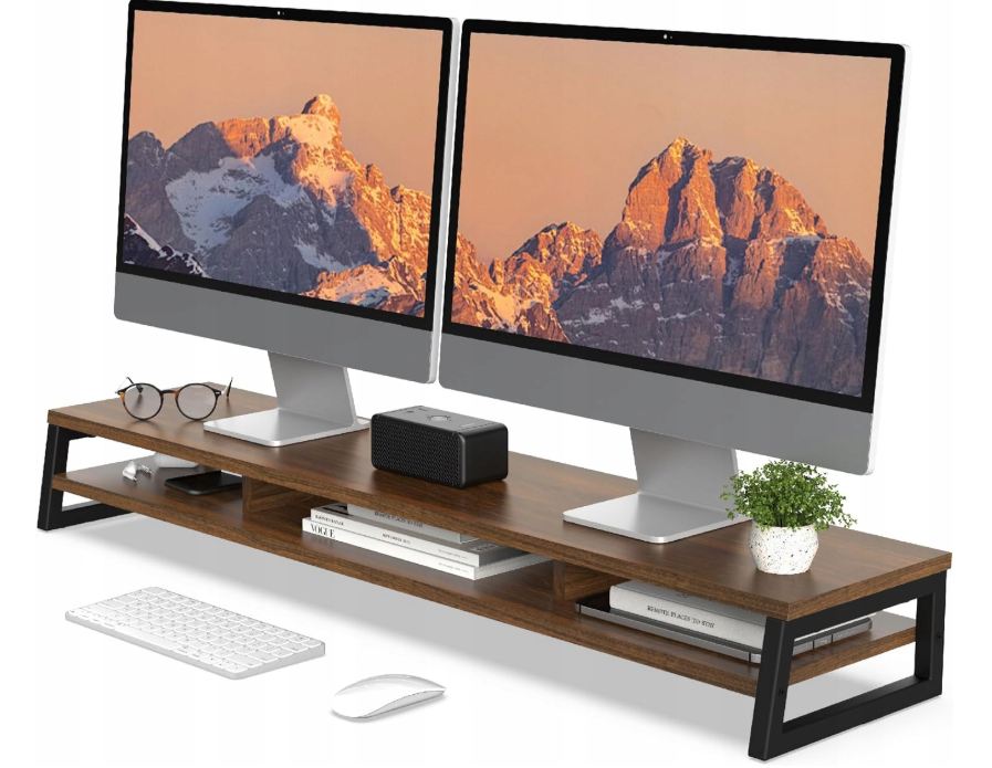 Fenge Stojak podwójny na monitor 108 cm – drewniana półka na biurko